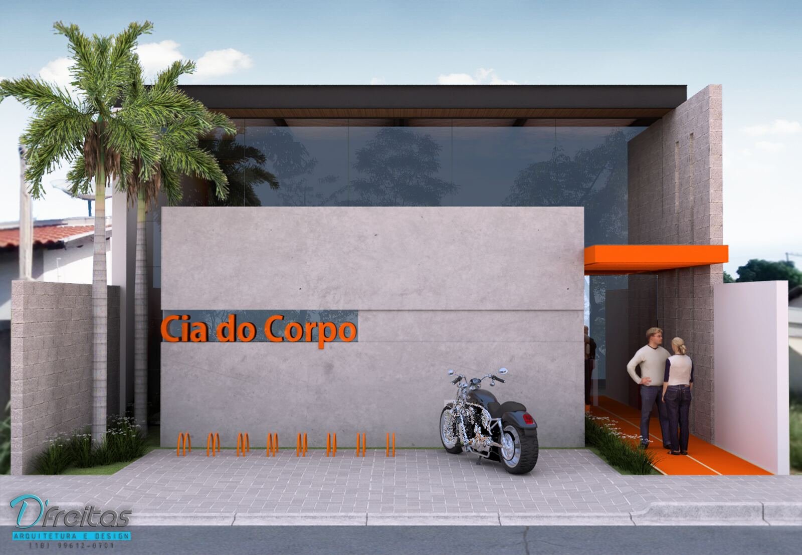 Academia Cia do Corpo em Adamantina — projeto de arquitetura comercial, fachada com concreto e detalhes laranja
