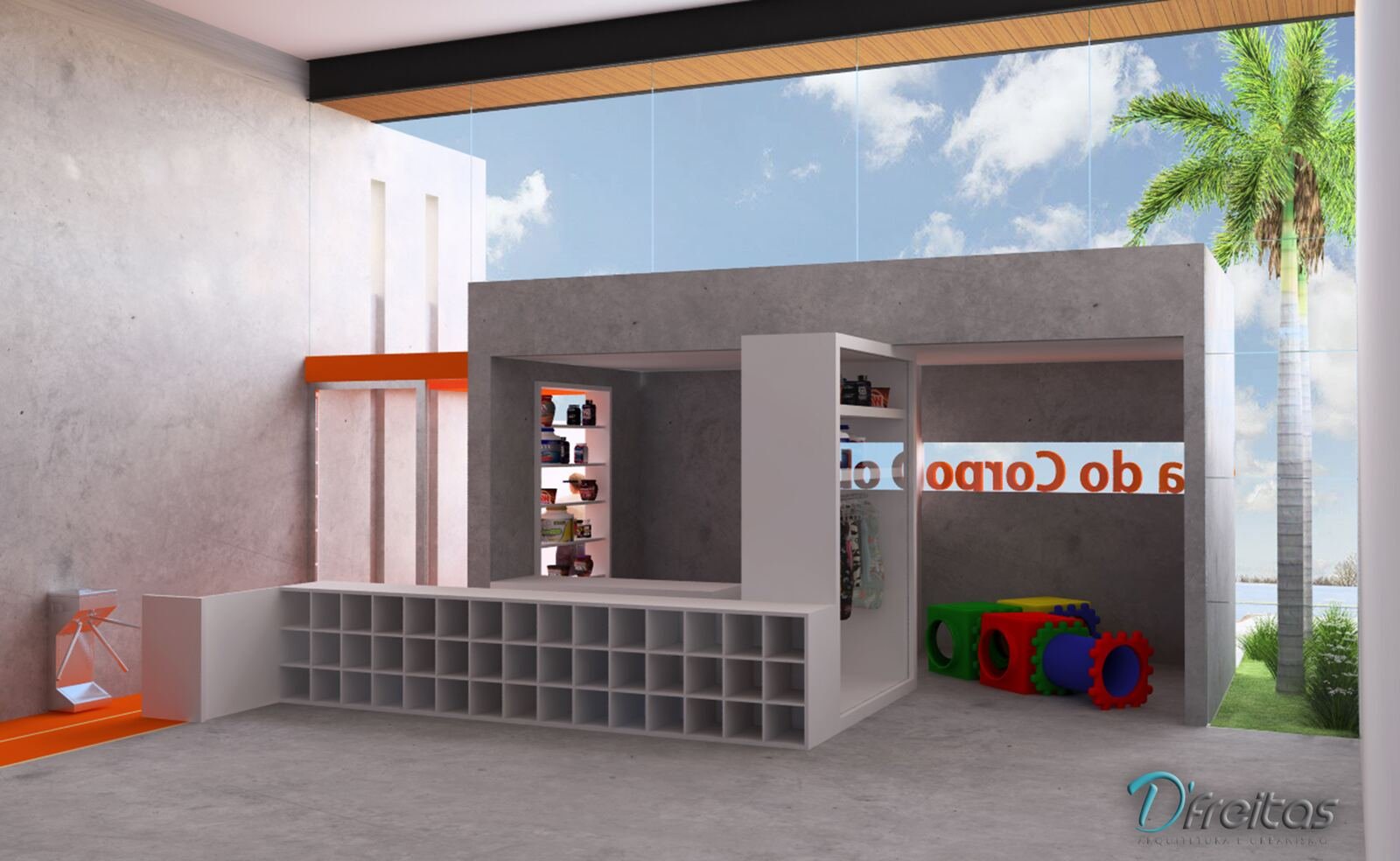 Academia Cia do Corpo — Adamantina: recepcao loja — projeto de arquitetura comercial