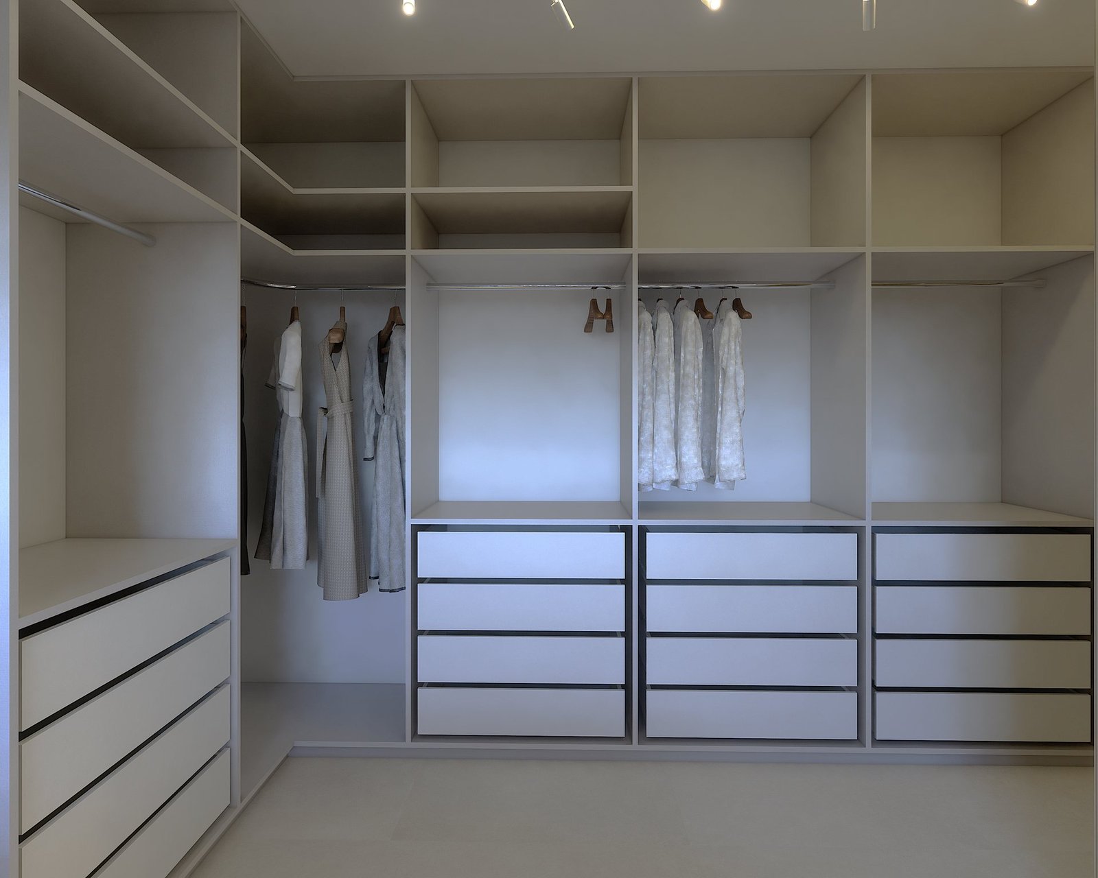 Apartamento MC — Presidente Prudente: closet com araras e gavetas — projeto de arquitetura de interiores
