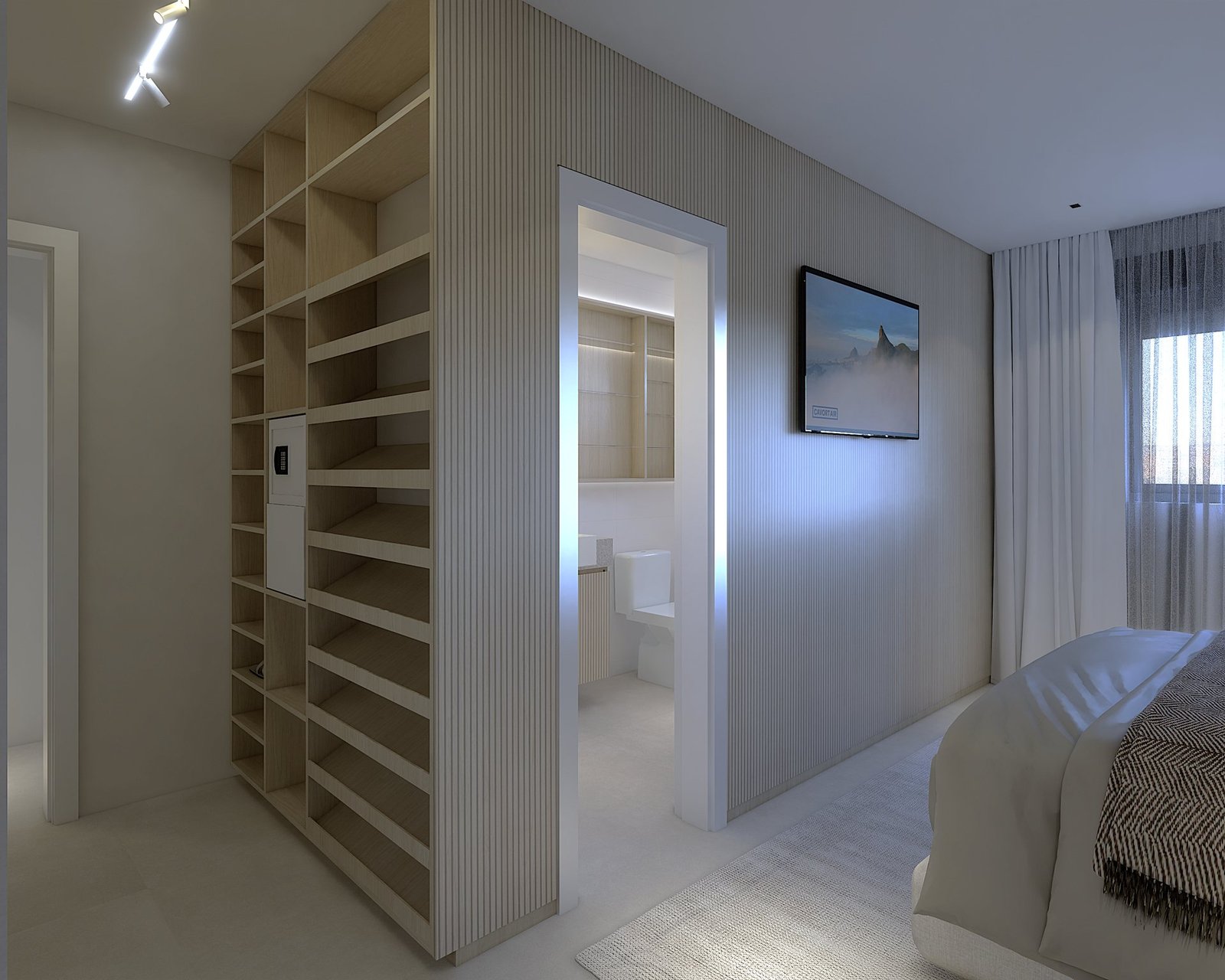 Apartamento MC — Presidente Prudente: closet com prateleiras e cofre embutido — projeto de arquitetura de interiores