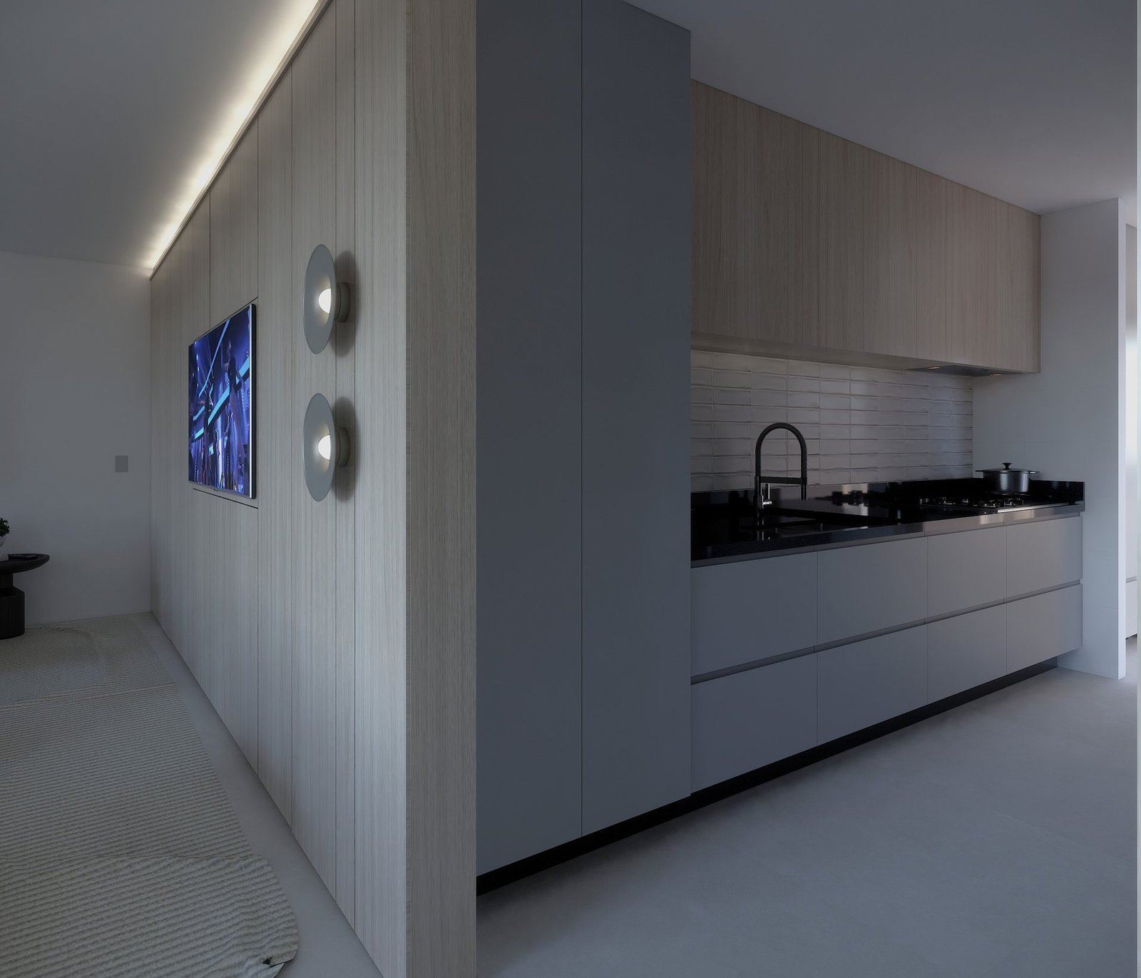 Apartamento MC — Presidente Prudente: cozinha com bancada e torneira preta — projeto de arquitetura de interiores