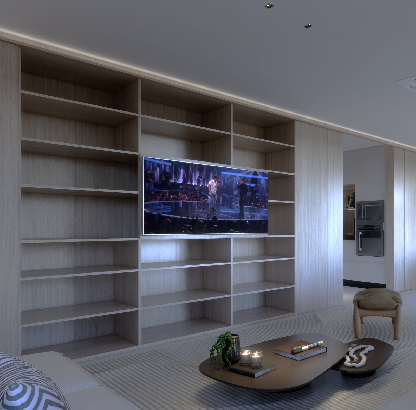 Apartamento MC — Presidente Prudente: estante modulada integrada à cozinha — projeto de arquitetura de interiores