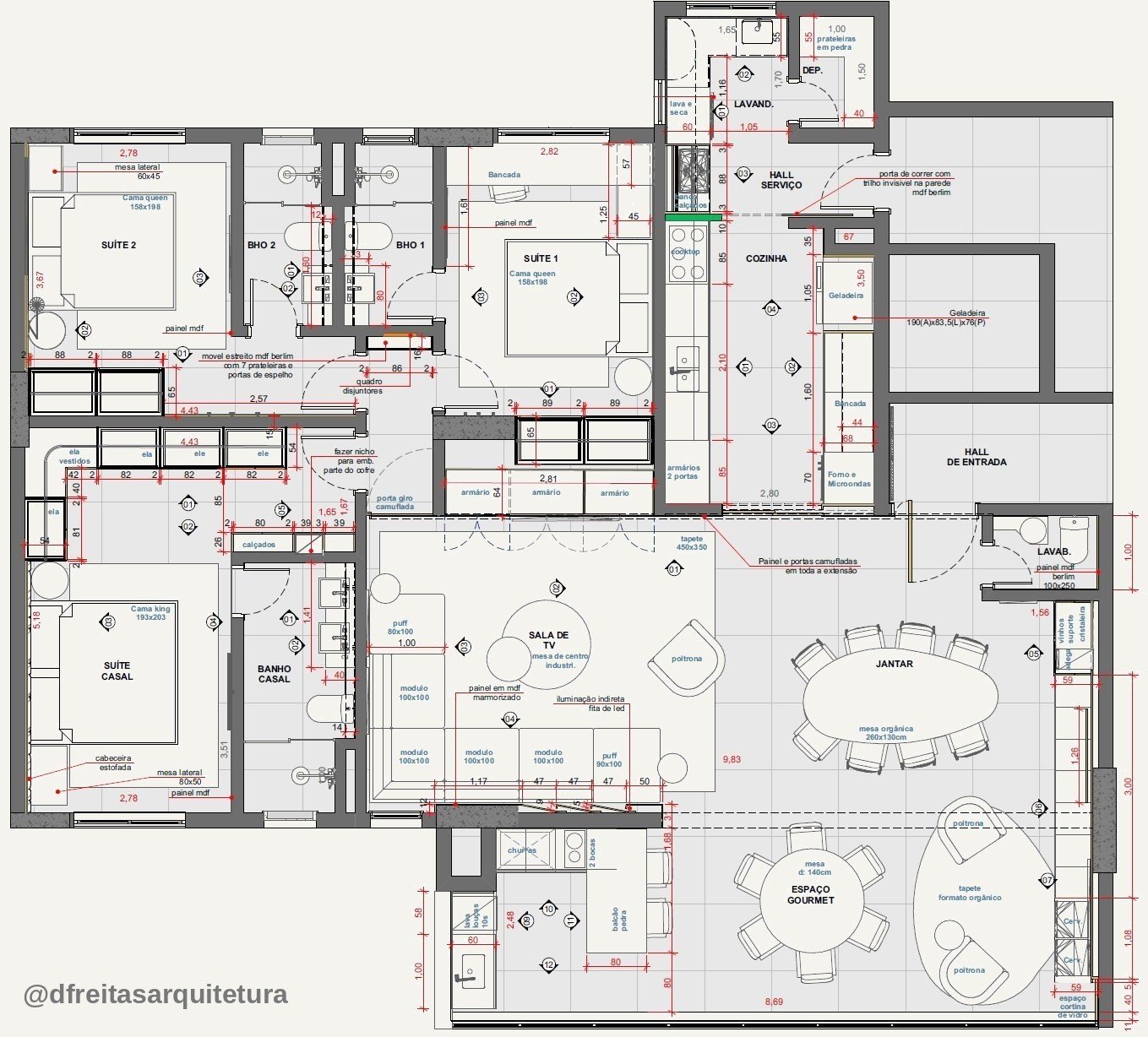 Apartamento MC — Presidente Prudente: planta baixa com cotas e distribuição dos ambientes — projeto de arquitetura de interiores