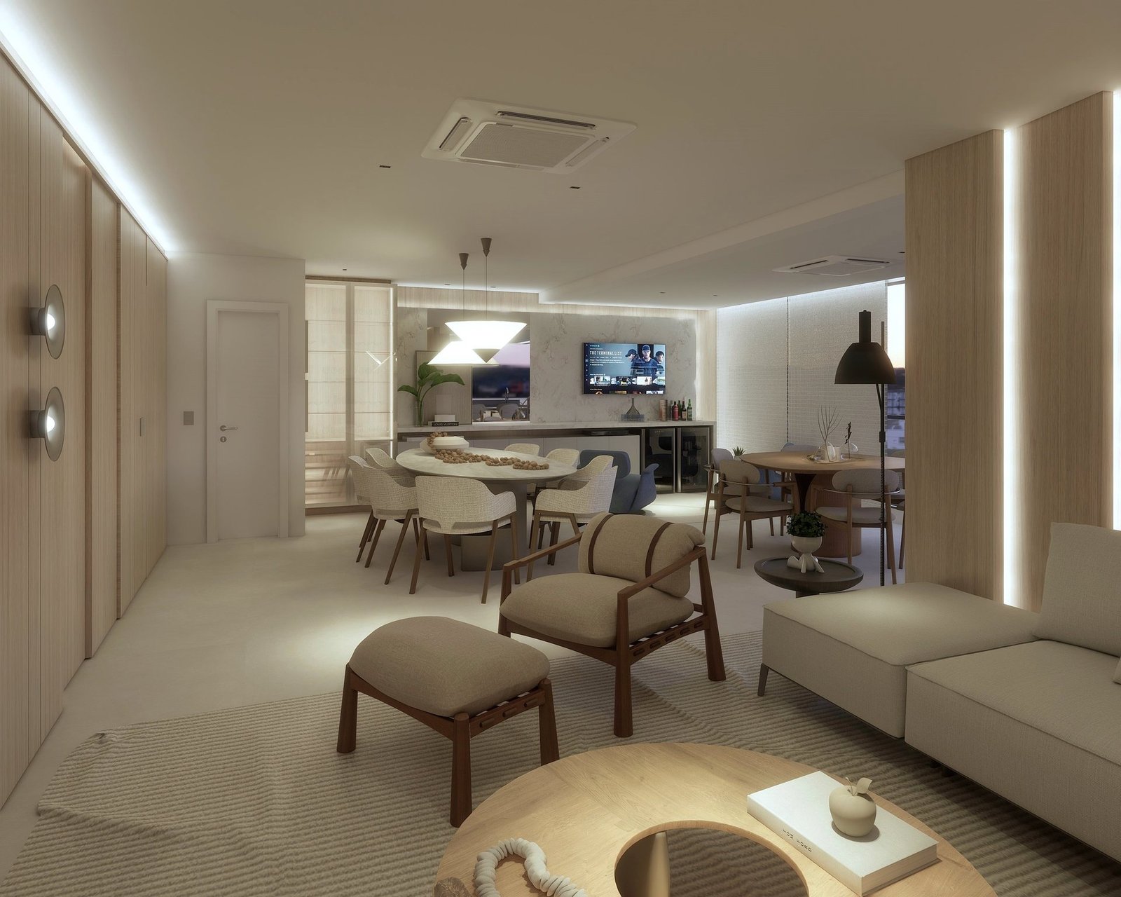 Apartamento MC — Presidente Prudente: sala de estar e jantar com home bar, iluminação noturna — projeto de arquitetura de interiores