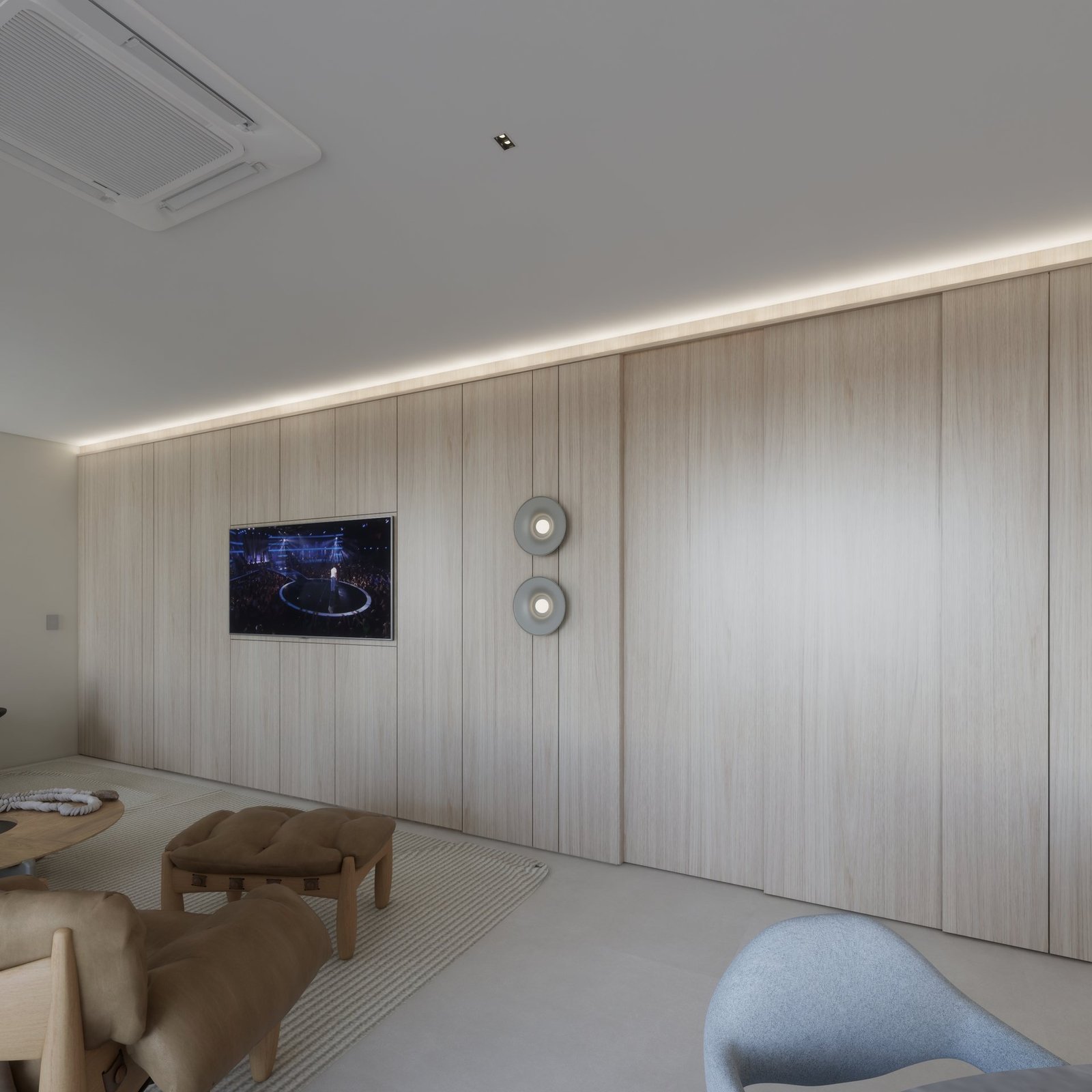 Apartamento MC — Presidente Prudente: sala de TV com painel ripado em madeira — projeto de arquitetura de interiores
