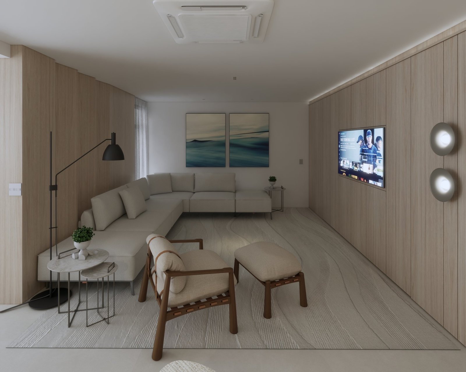 Apartamento MC — Presidente Prudente: sala de TV com sofá e poltrona em madeira — projeto de arquitetura de interiores