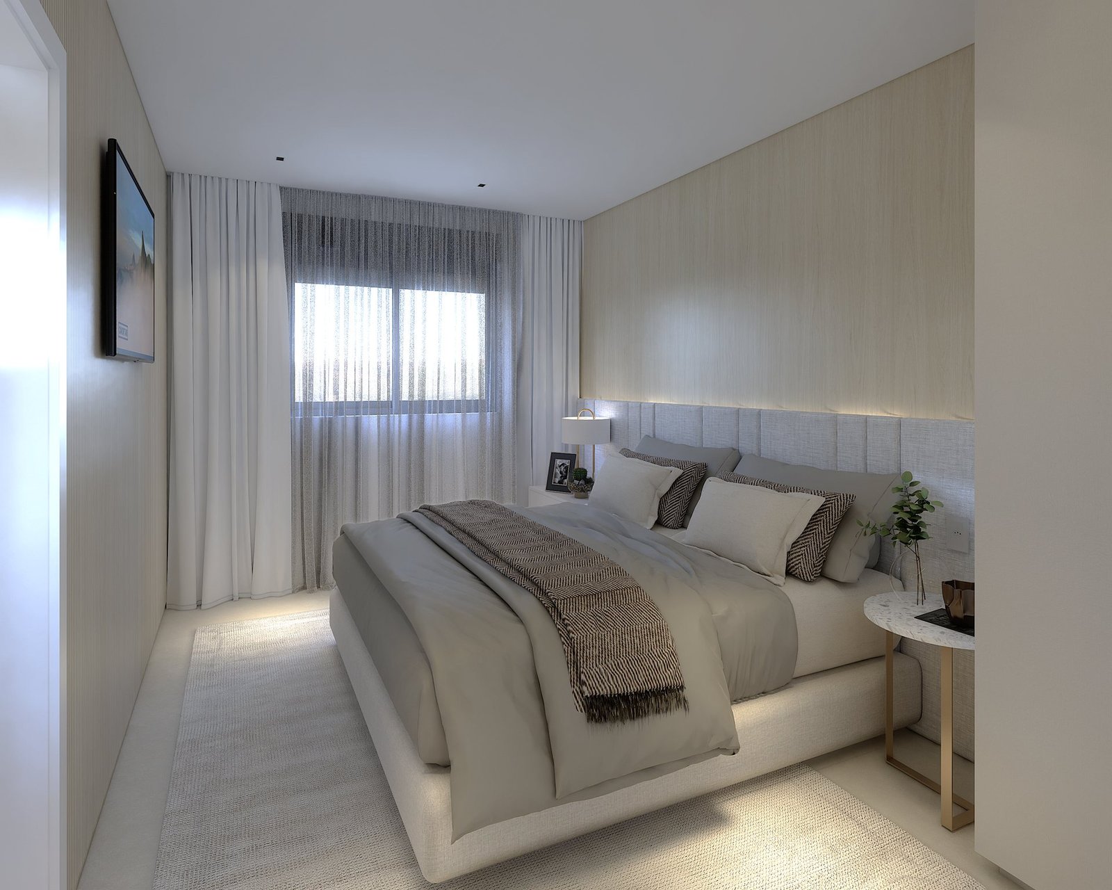 Apartamento MC — Presidente Prudente: suíte com cabeceira estofada e cortina — projeto de arquitetura de interiores