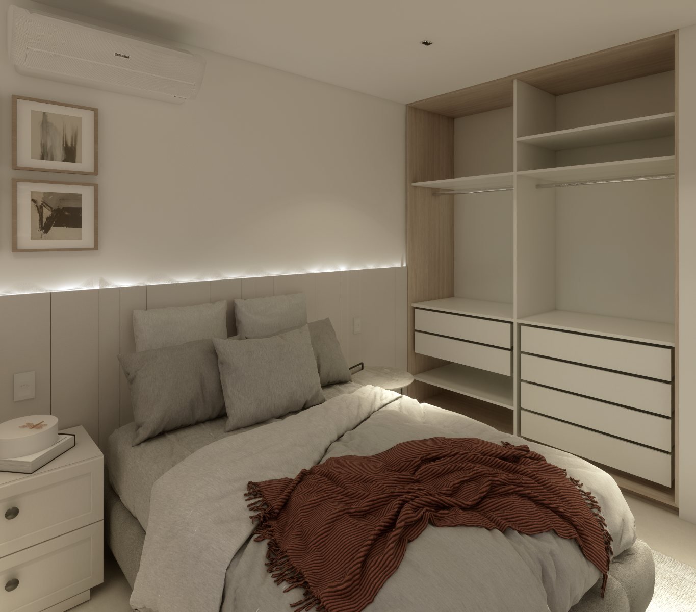 Apartamento MC — Presidente Prudente: suíte com closet integrado — projeto de arquitetura de interiores