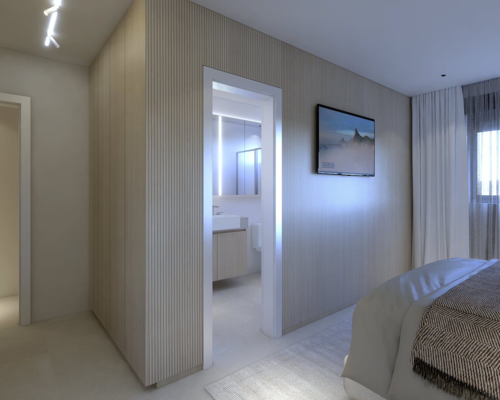 Apartamento MC — Presidente Prudente: suíte com closet ripado e banheiro integrado — projeto de arquitetura de interiores