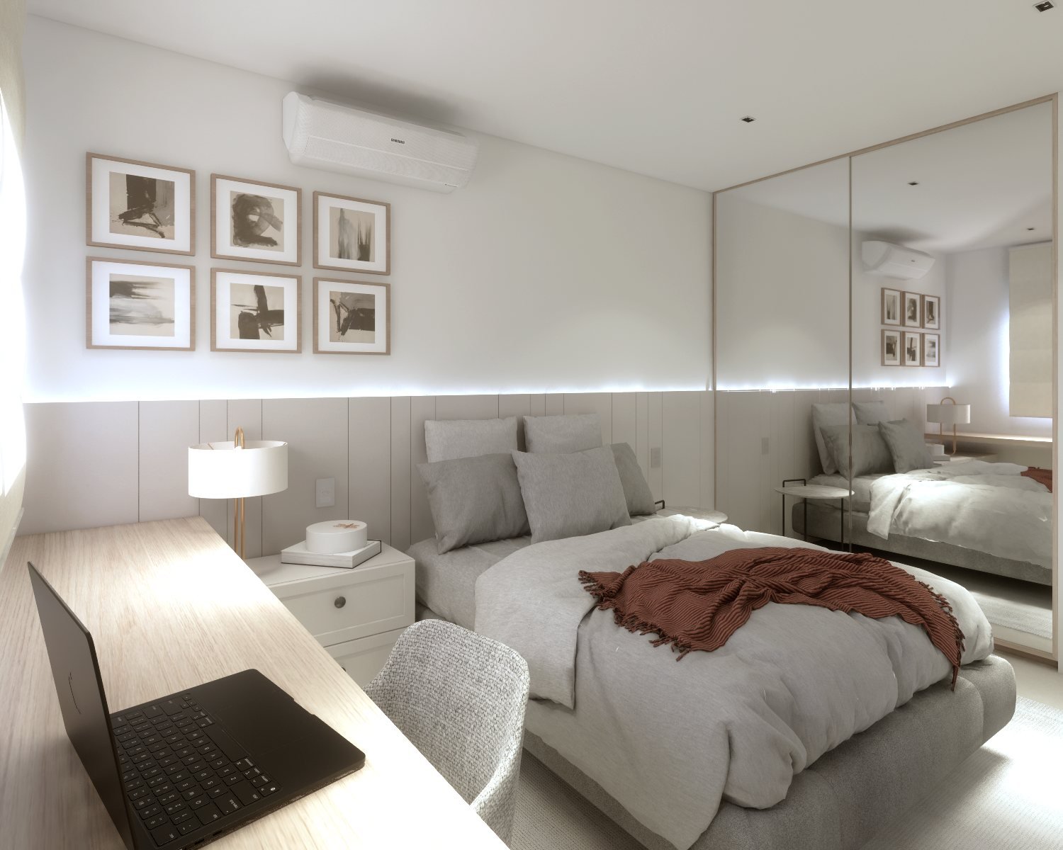 Apartamento MC — Presidente Prudente: suíte com escrivaninha integrada — projeto de arquitetura de interiores