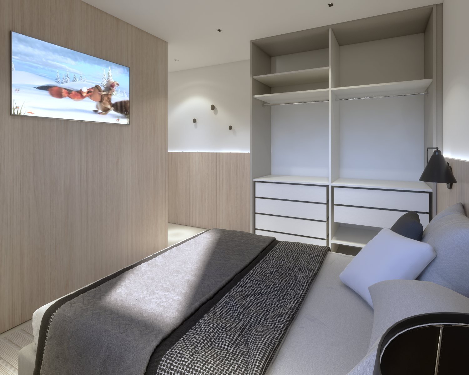 Apartamento MC — Presidente Prudente: suíte principal com guarda-roupa aberto — projeto de arquitetura de interiores