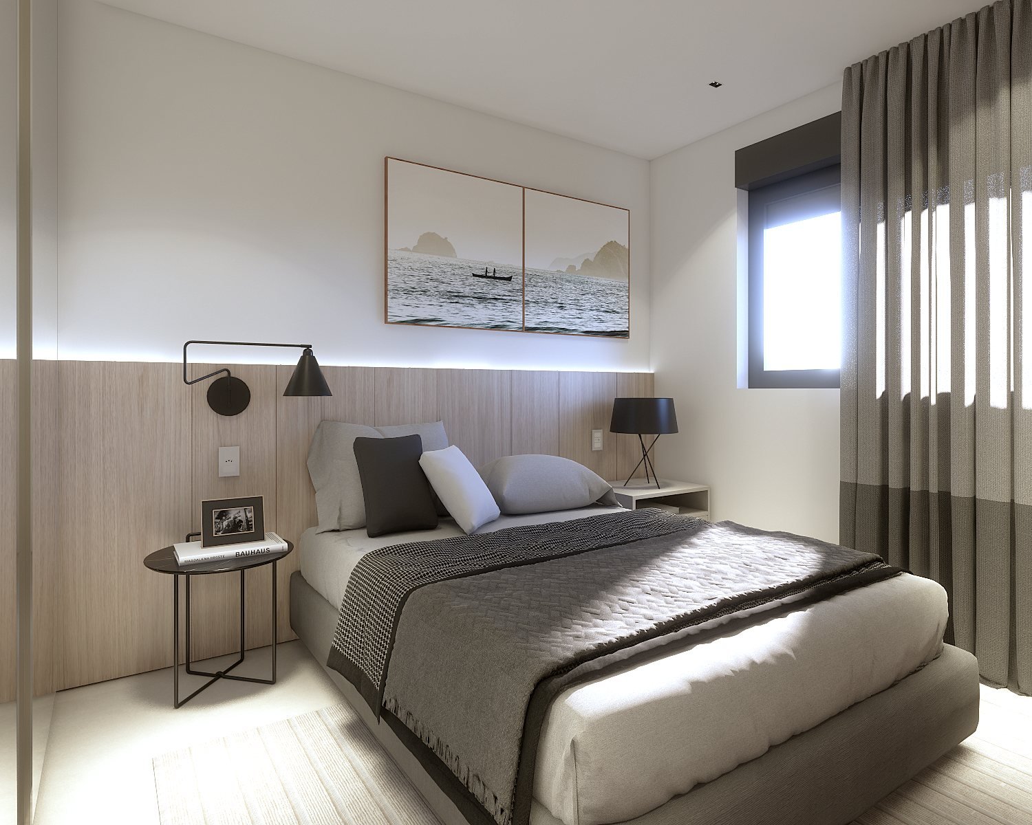 Apartamento MC — Presidente Prudente: suíte principal com quadro sobre a cabeceira — projeto de arquitetura de interiores
