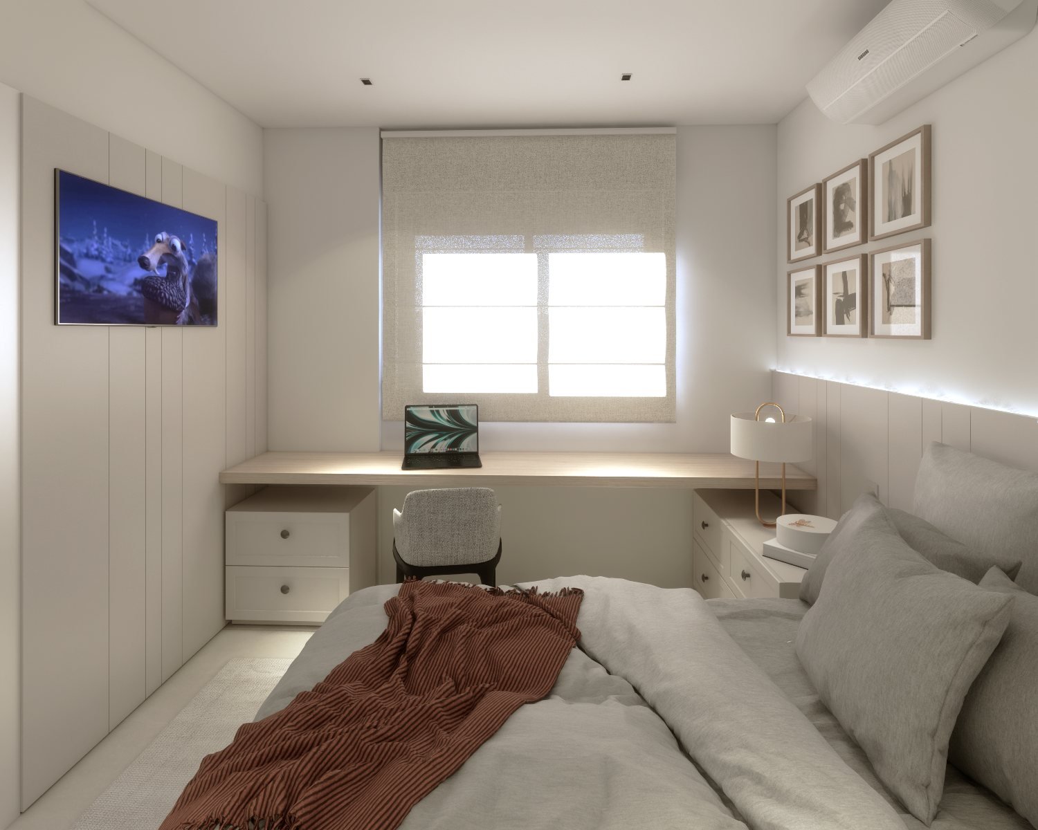 Apartamento MC — Presidente Prudente: suíte com TV de frente para a cama — projeto de arquitetura de interiores