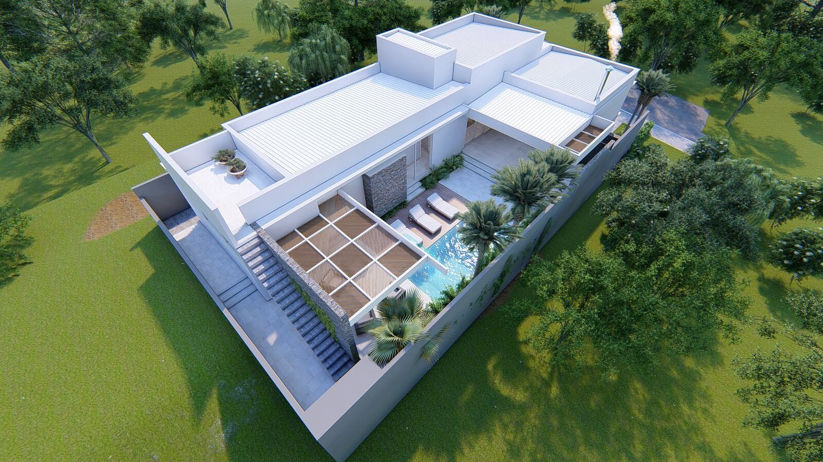 Casa AF — Adamantina: vista aerea render — projeto de arquitetura residencial