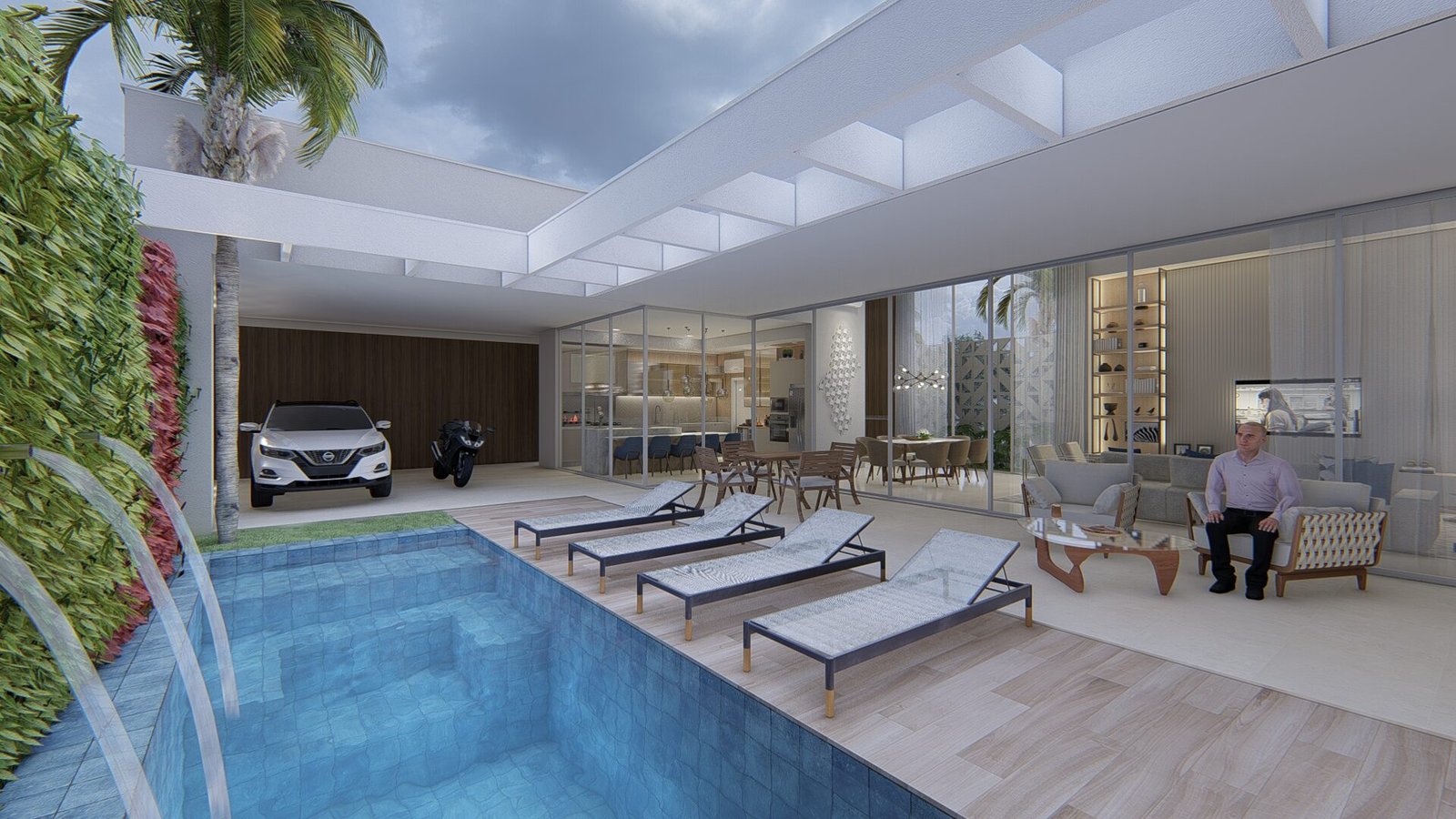 Casa AJ — Adamantina: piscina e área de estar integrada, render — projeto de arquitetura residencial
