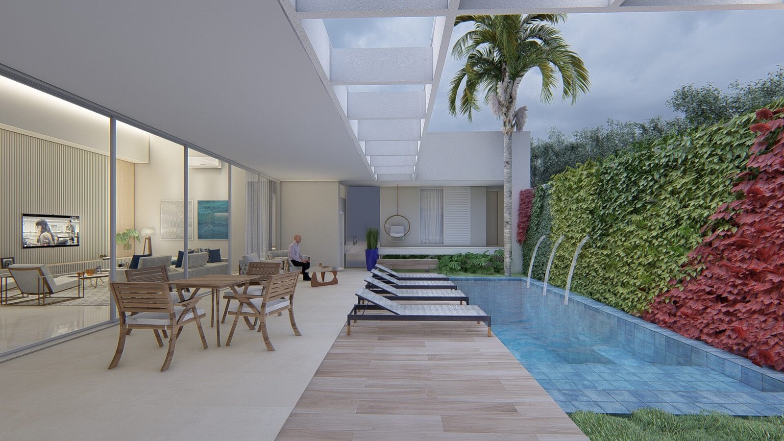 Casa AJ — Adamantina: piscina com jardim vertical, render — projeto de arquitetura residencial