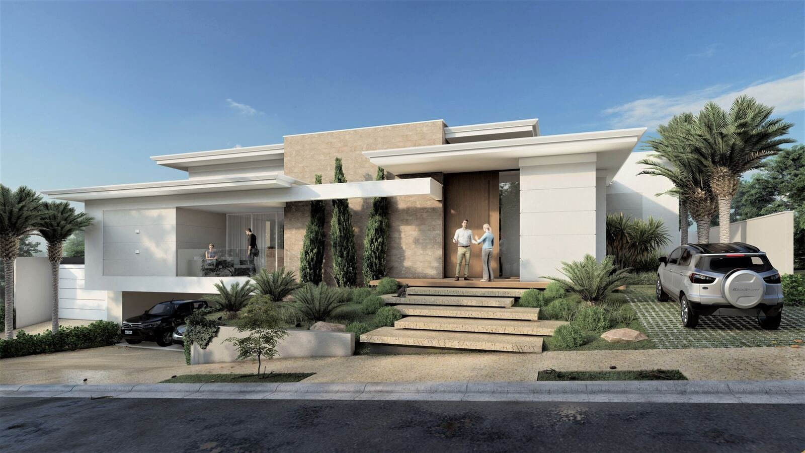 Casa AM — Adamantina: fachada frontal render — projeto de arquitetura residencial