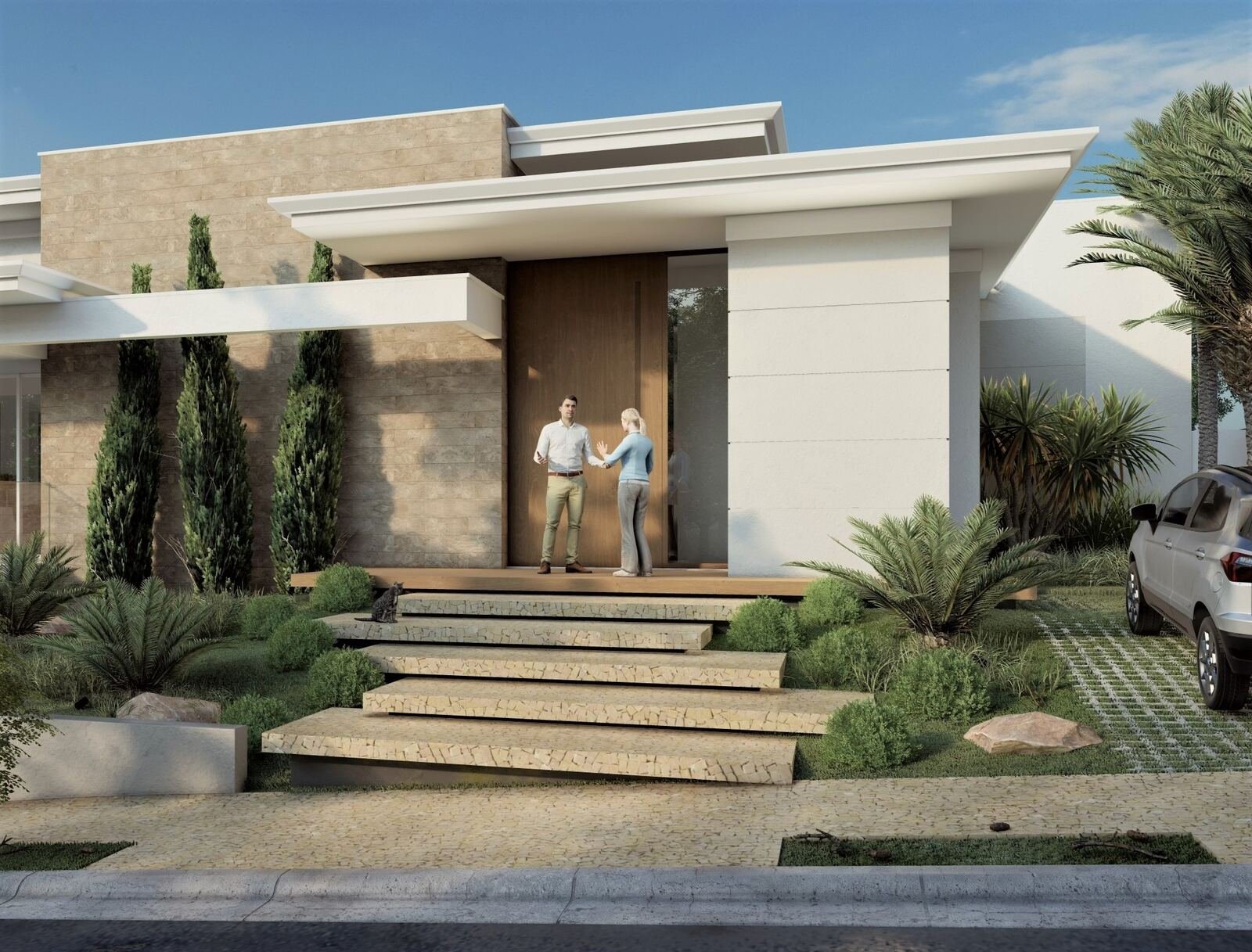 Casa AM — Adamantina: render entrada — projeto de arquitetura residencial