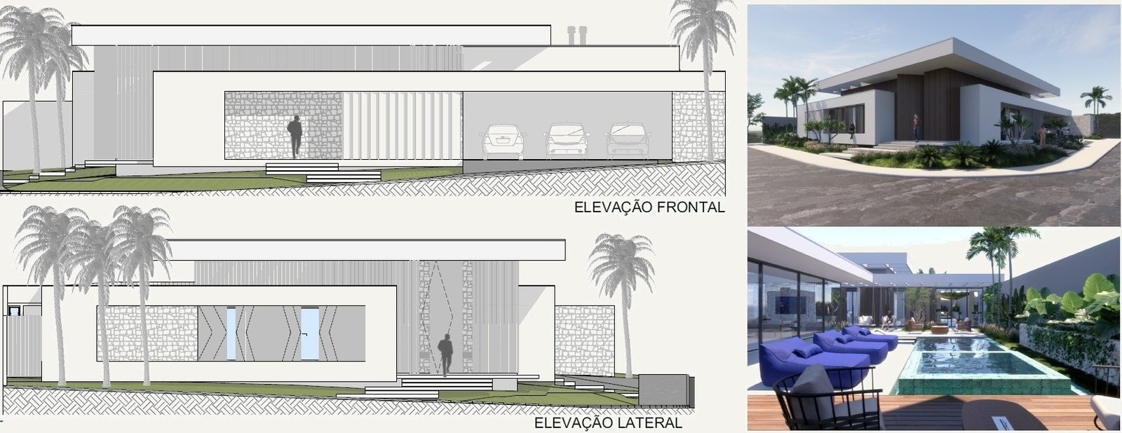 Casa AS — Osvaldo Cruz: prancha com elevações frontal e lateral e perspectivas da fachada e da piscina — projeto de arquitetura residencial