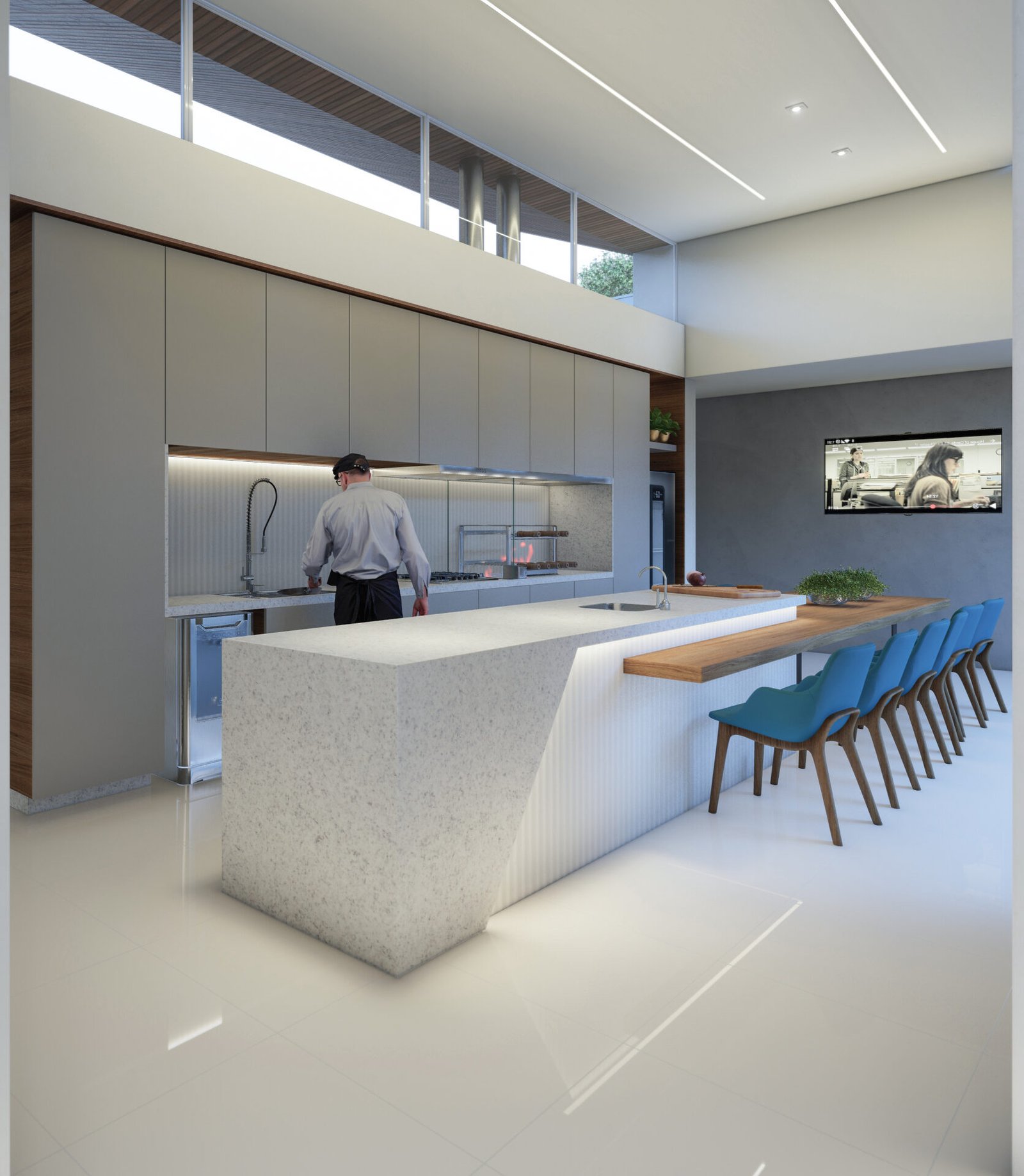 Casa BH — Osvaldo Cruz: cozinha ilha bancada render — projeto de arquitetura residencial