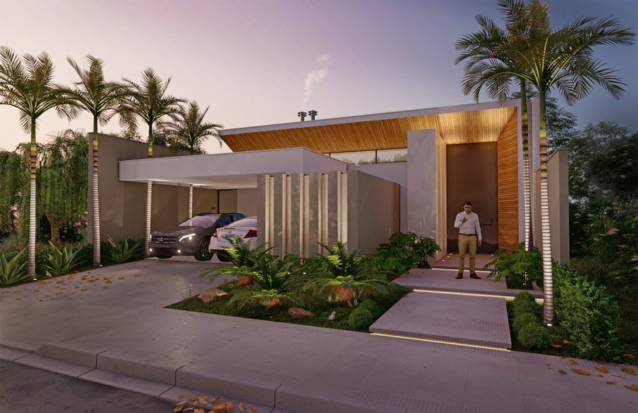 Casa BH em Osvaldo Cruz, 2019 — projeto de arquitetura residencial, fachada moderna com cobertura em madeira ao entardecer