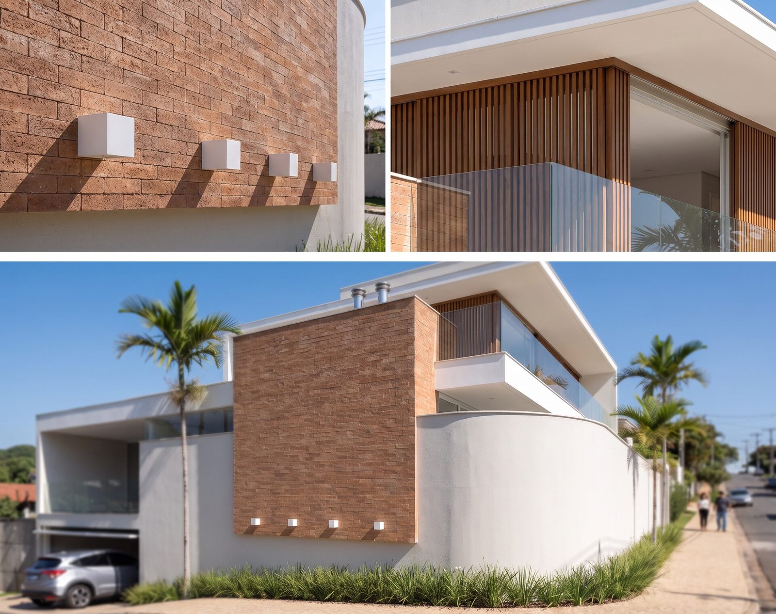 Casa EJ — Adamantina: colagem com detalhes construtivos e vista geral da fachada