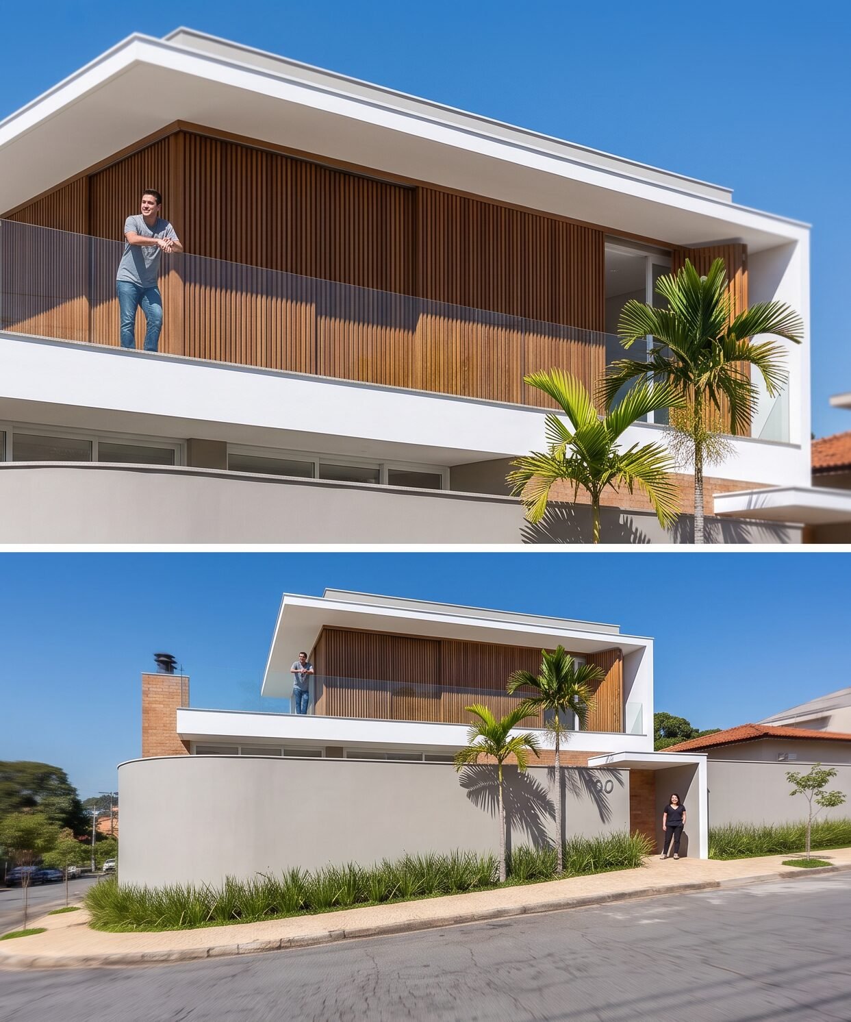 Casa EJ — Adamantina: detalhe da varanda e vista geral da fachada — projeto de arquitetura residencial