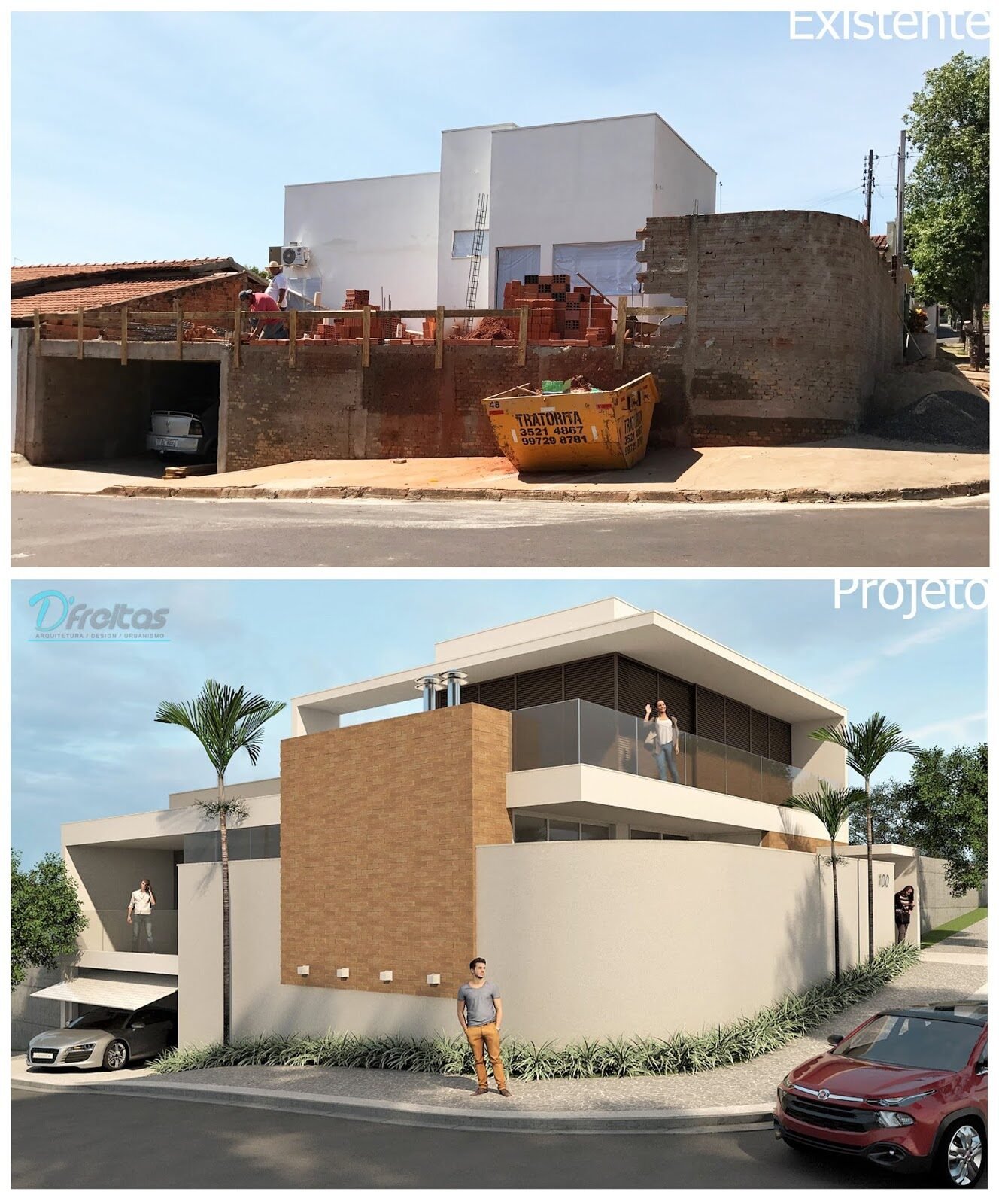 Casa EJ — Adamantina: comparativo entre o render do projeto e a obra em execução