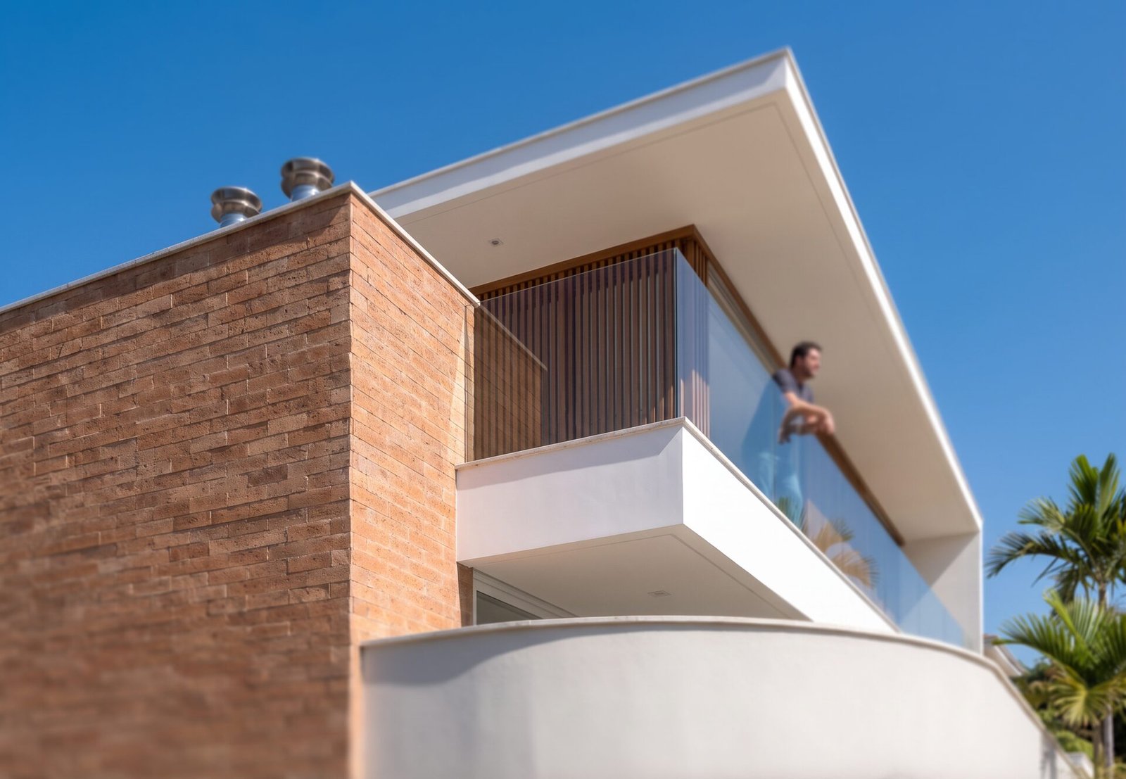 Casa EJ — Adamantina: detalhe do revestimento cerâmico no volume da varanda — projeto de arquitetura residencial
