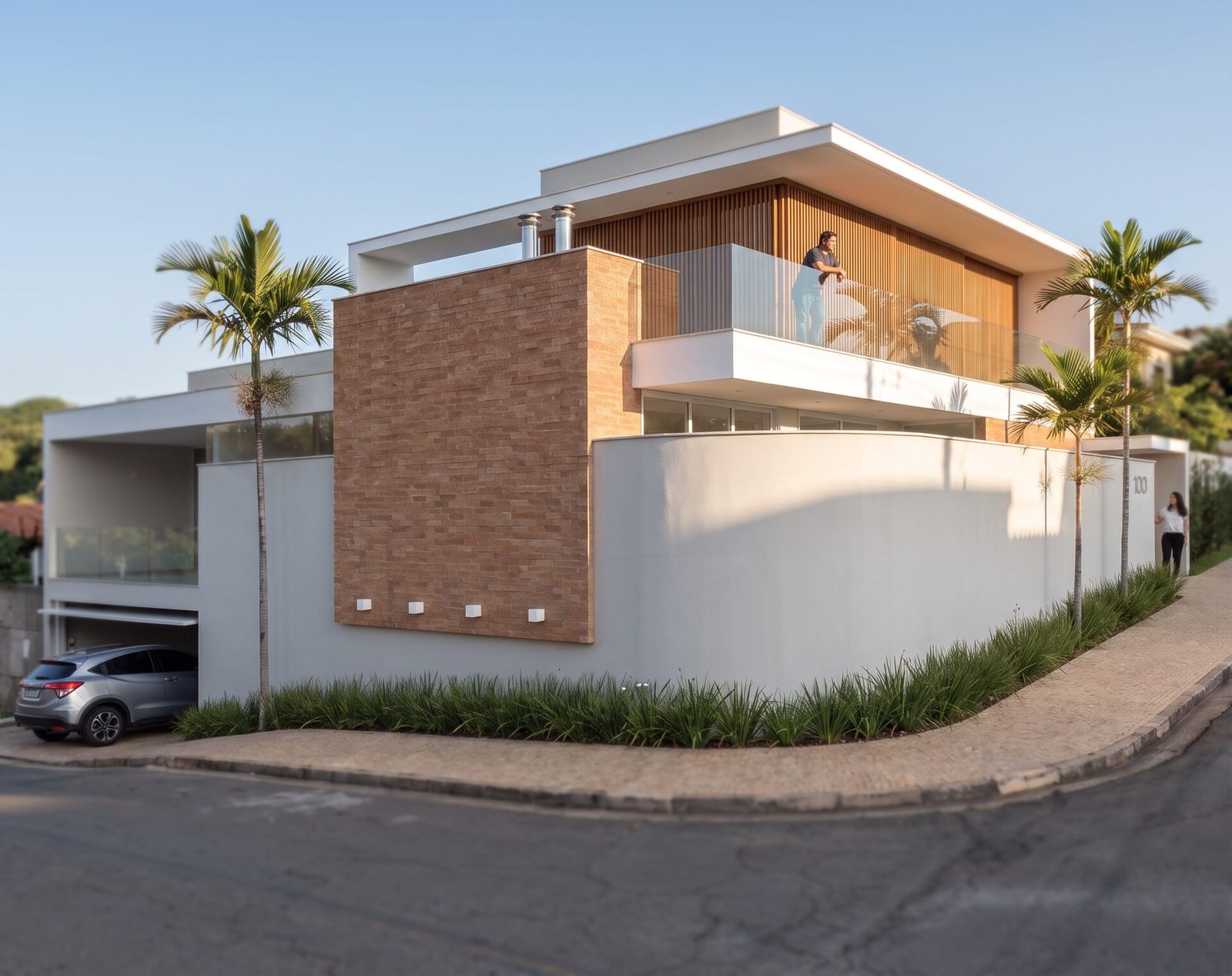 Casa EJ — Adamantina: fachada diurna com revestimento cerâmico e grandes beirais — projeto de arquitetura residencial