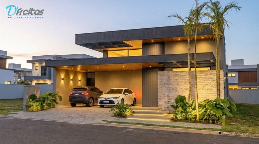 Casa GL em Marília, 2025 — projeto de arquitetura residencial, fachada noturna com volumes em concreto e madeira
