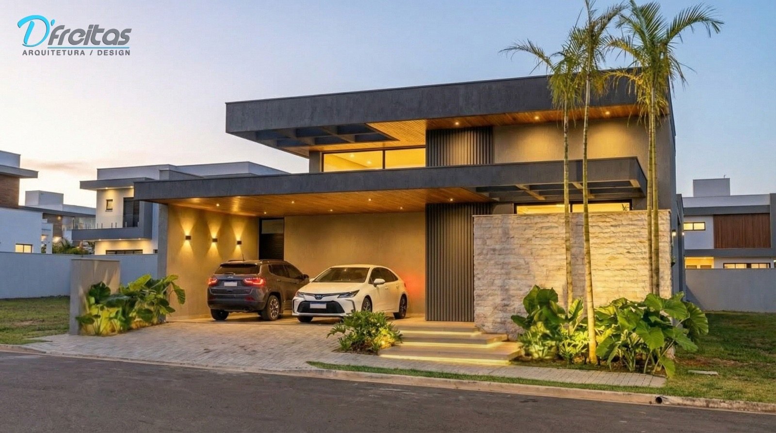 Casa GL — Marília: fachada noturna, iluminação de destaque — projeto de arquitetura residencial