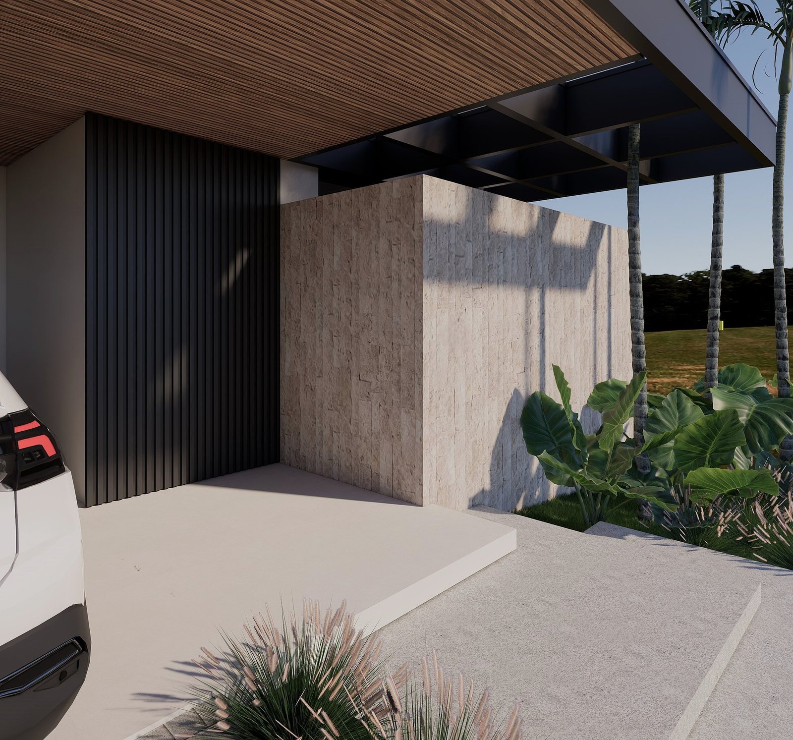 Casa GL — Marília: garagem e entrada, com ponto de recarga para carro elétrico — projeto de arquitetura residencial