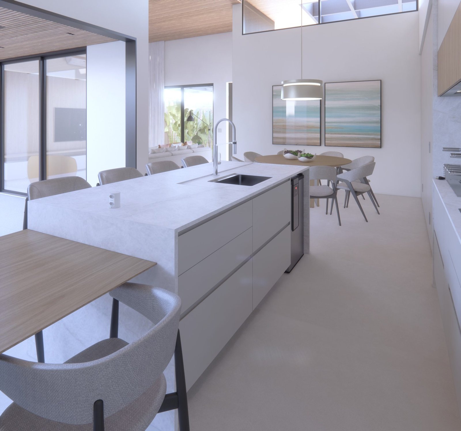 Casa GL — Marília: ilha da cozinha com sala de jantar ao fundo — projeto de arquitetura residencial