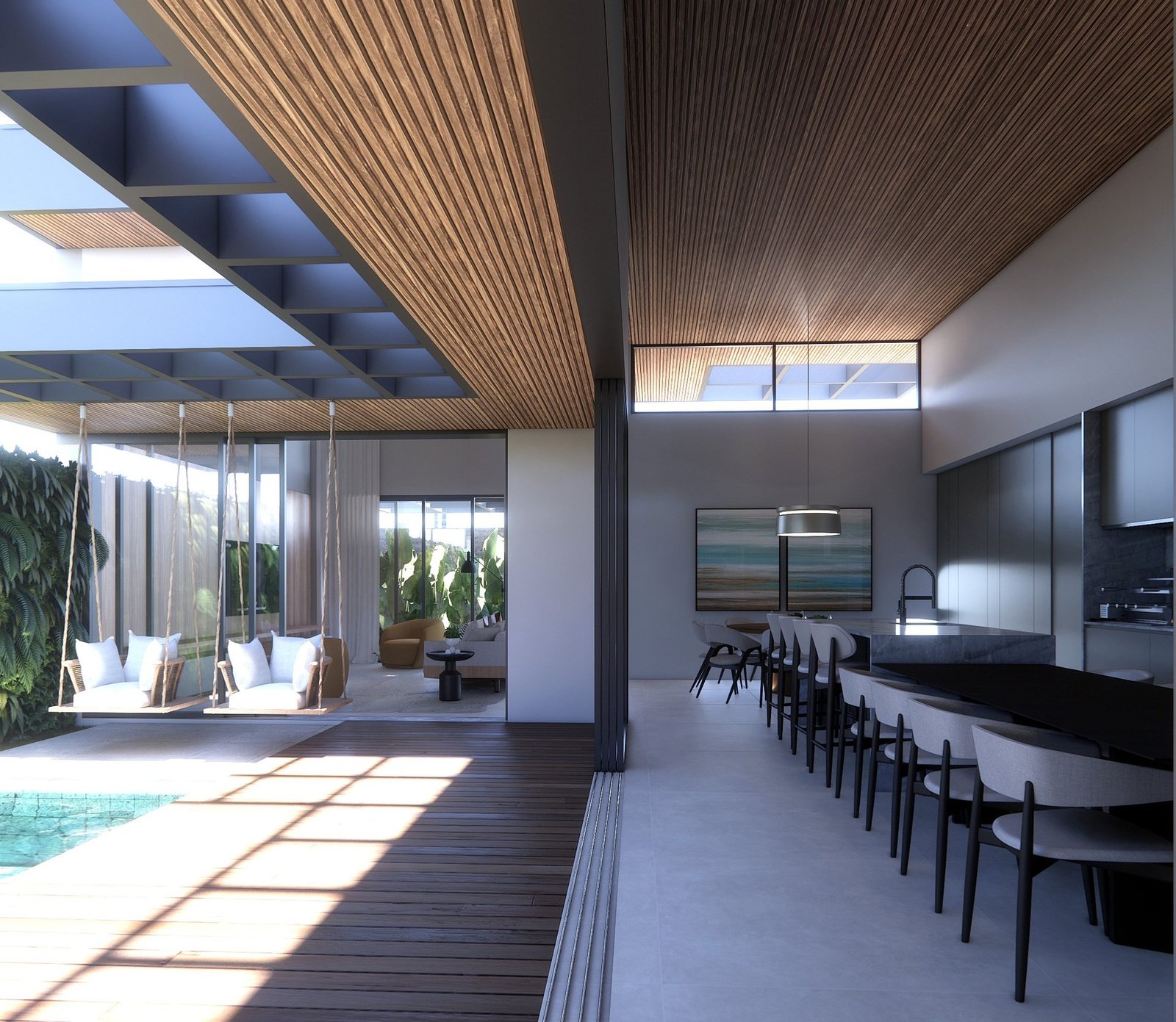 Casa GL — Marília: piscina com deck de madeira e balanços suspensos — projeto de arquitetura residencial