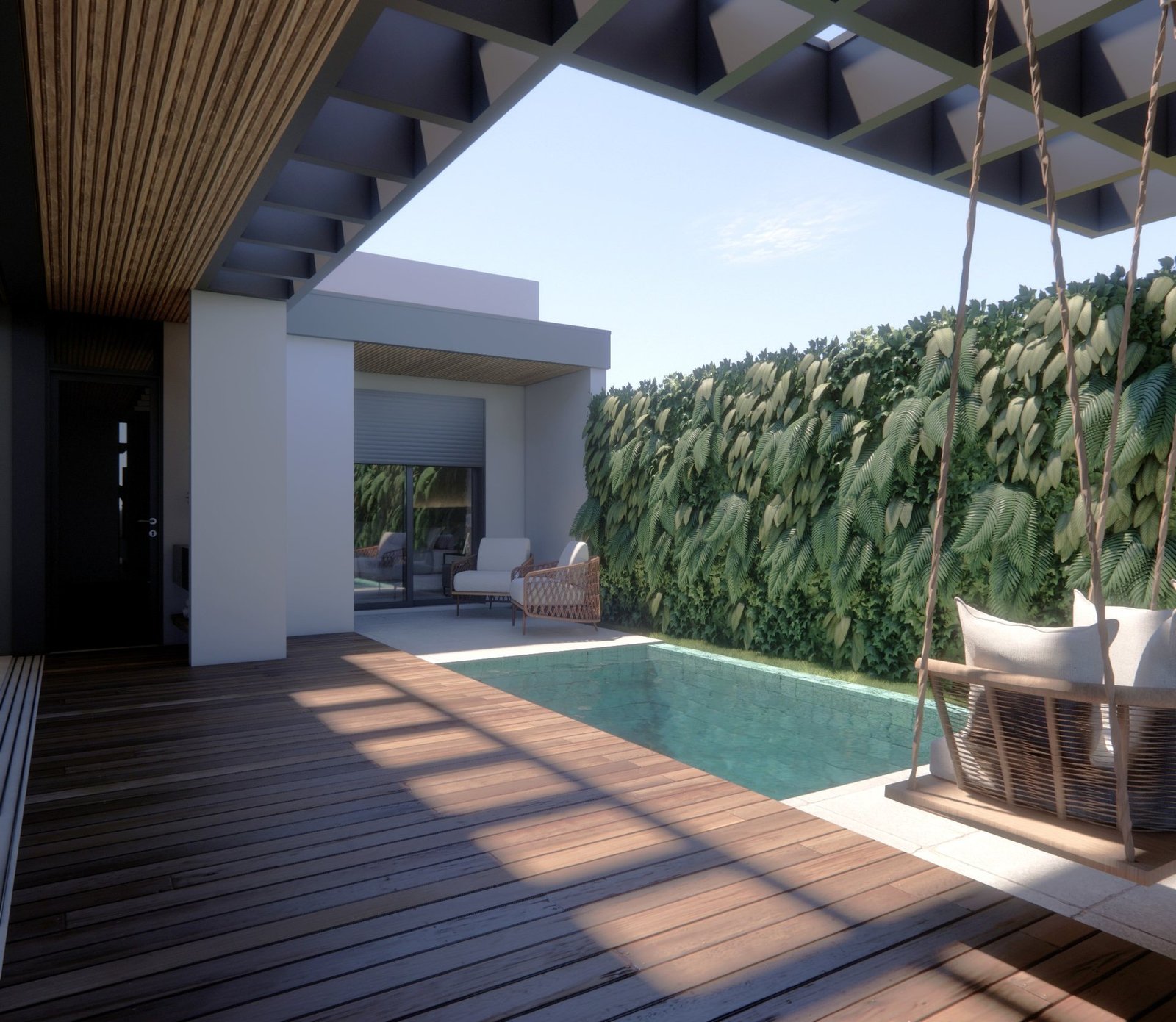 Casa GL — Marília: piscina com jardim vertical ao fundo — projeto de arquitetura residencial