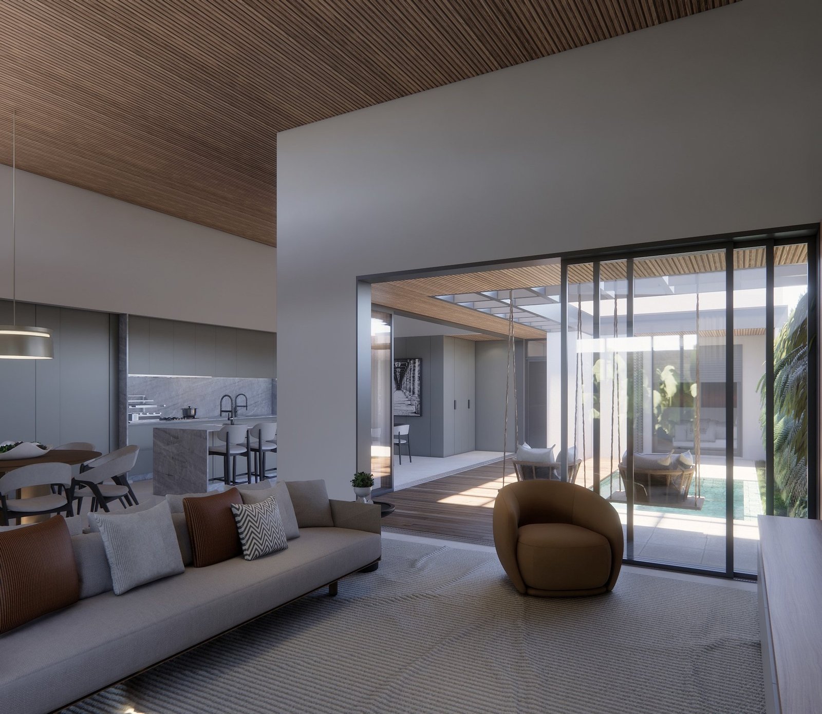 Casa GL — Marília: sala de estar integrada à piscina — projeto de arquitetura residencial