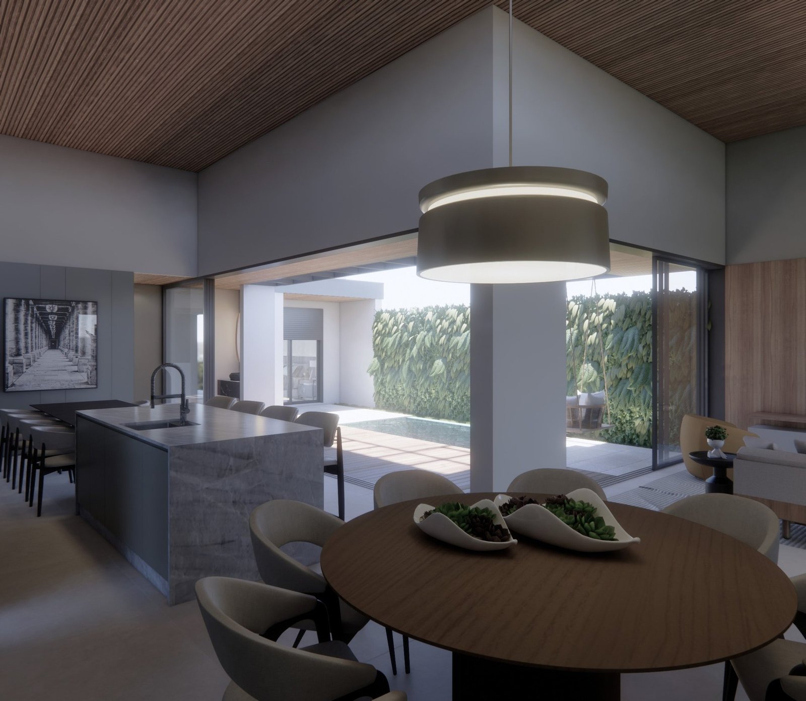 Casa GL — Marília: sala de jantar com cozinha ao fundo — projeto de arquitetura residencial