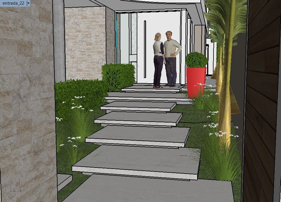 Casa MG — Adamantina: render jardim entrada — projeto de arquitetura residencial