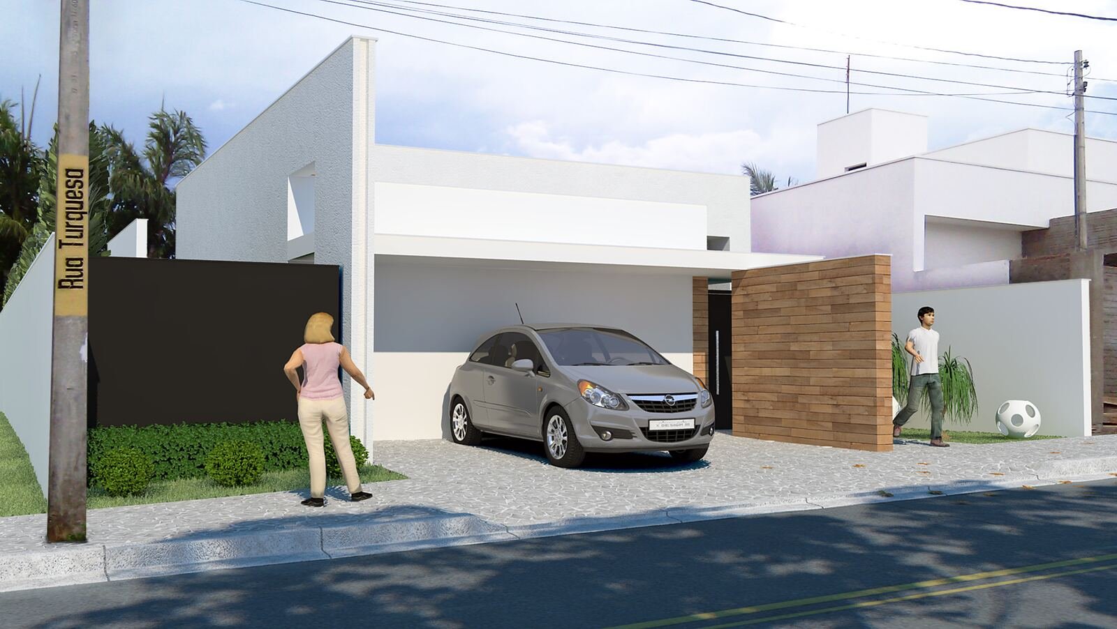 Casa MJ — Adamantina: fachada render rua — projeto de arquitetura residencial