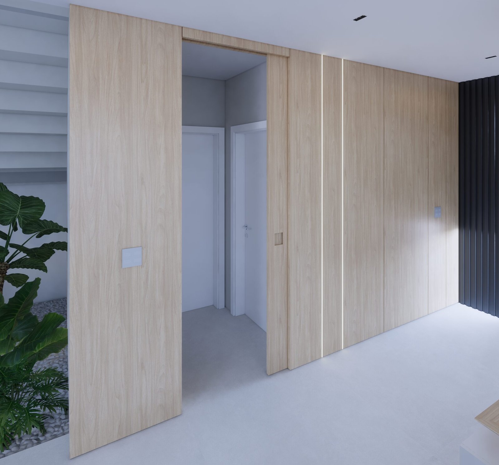 Casa MM — Adamantina: corredor porta madeira render — projeto de arquitetura residencial