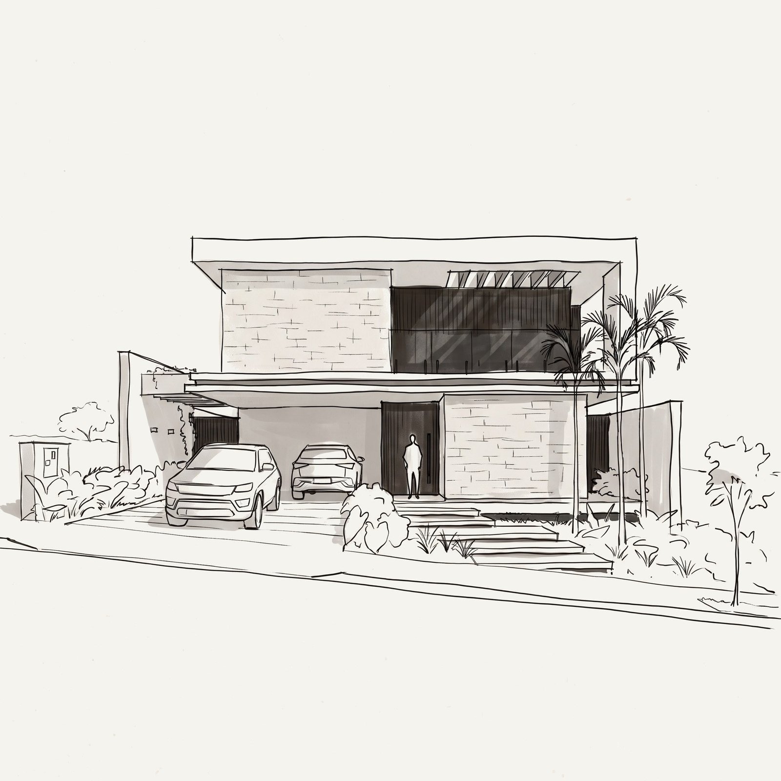 Casa MM — Adamantina: estudo perspectivo em croqui da fachada — projeto de arquitetura residencial