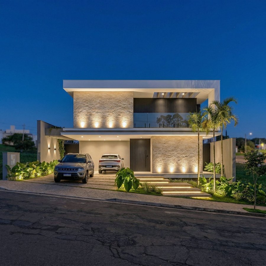 Casa MM em Adamantina, 2026 — projeto de arquitetura residencial, fachada moderna com pedra e brise iluminada à noite