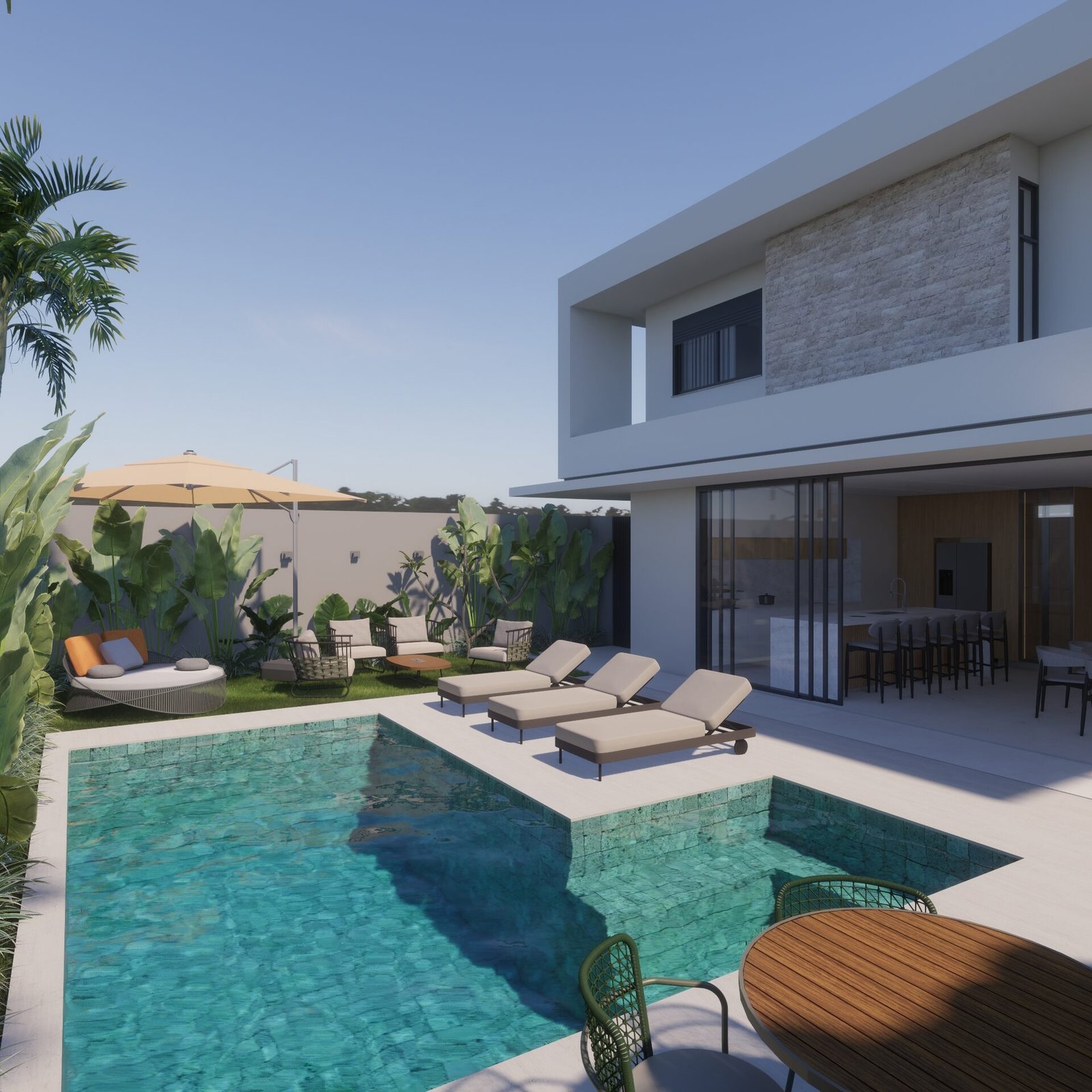 Casa MM — Adamantina: piscina area externa render — projeto de arquitetura residencial