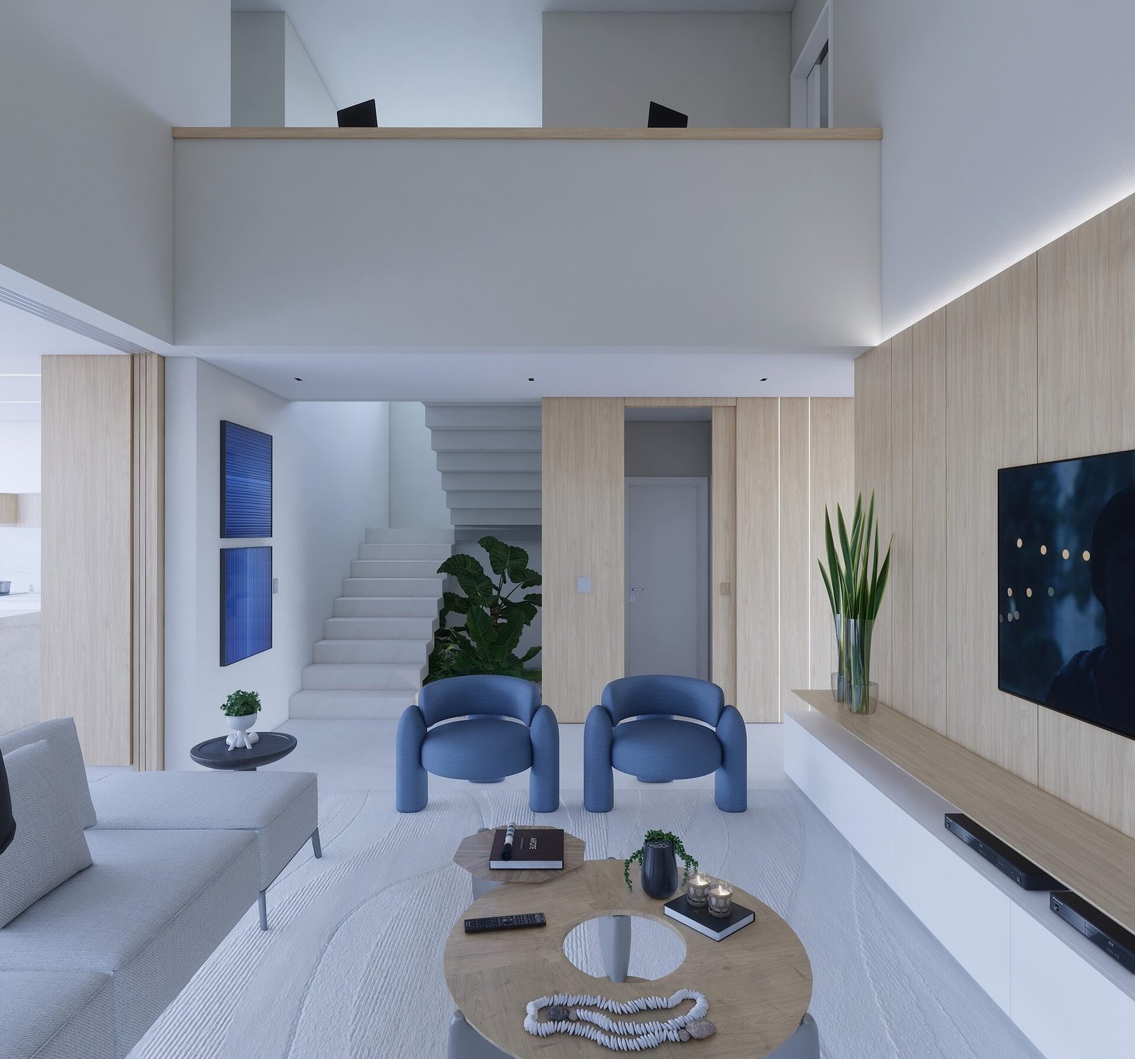 Casa MM — Adamantina: sala estar escada render — projeto de arquitetura residencial