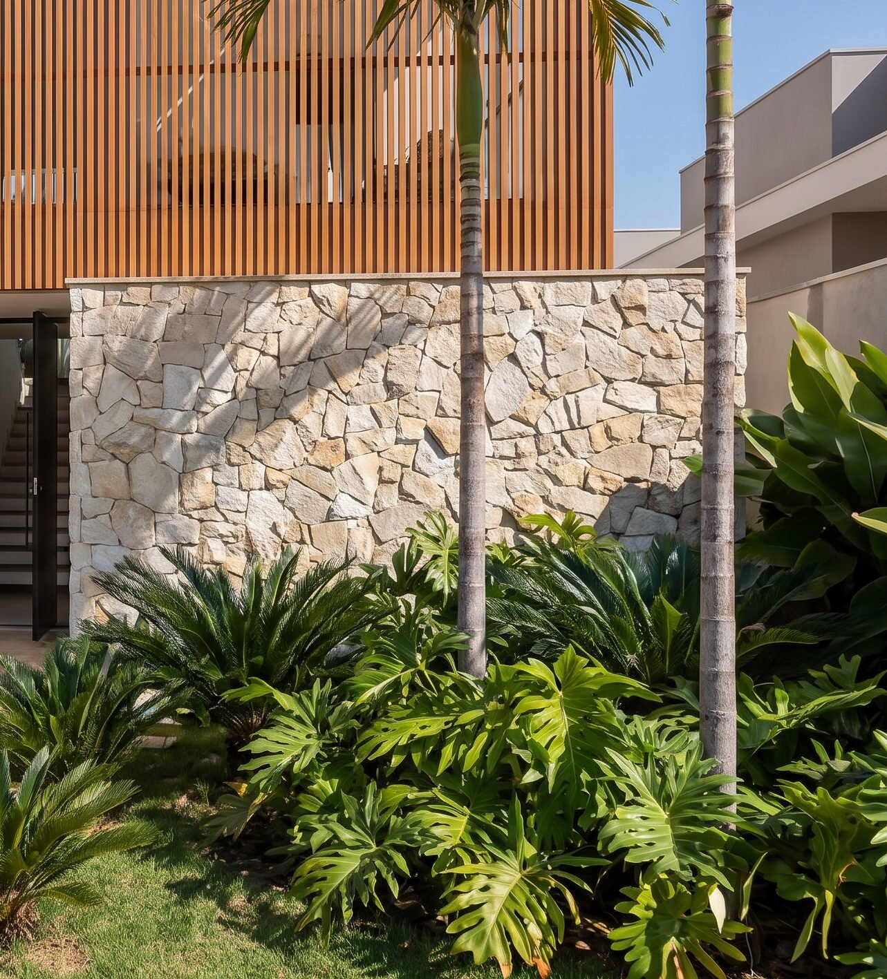 Casa NL — Adamantina: detalhe parede pedra jardim — projeto de arquitetura residencial