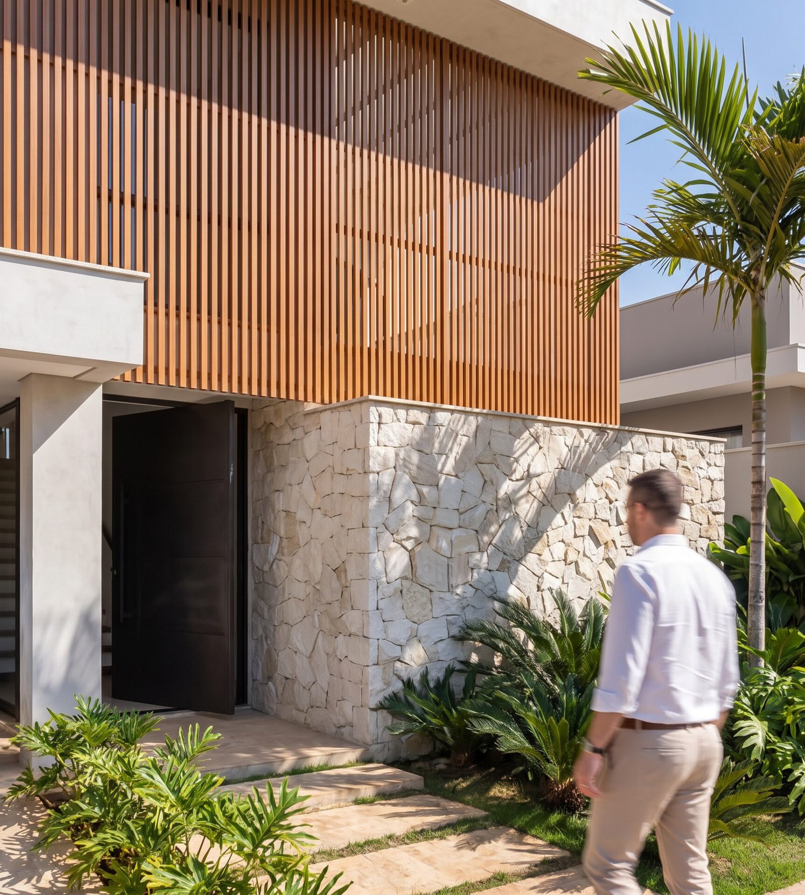 Casa NL — Adamantina: entrada porta preta real — projeto de arquitetura residencial
