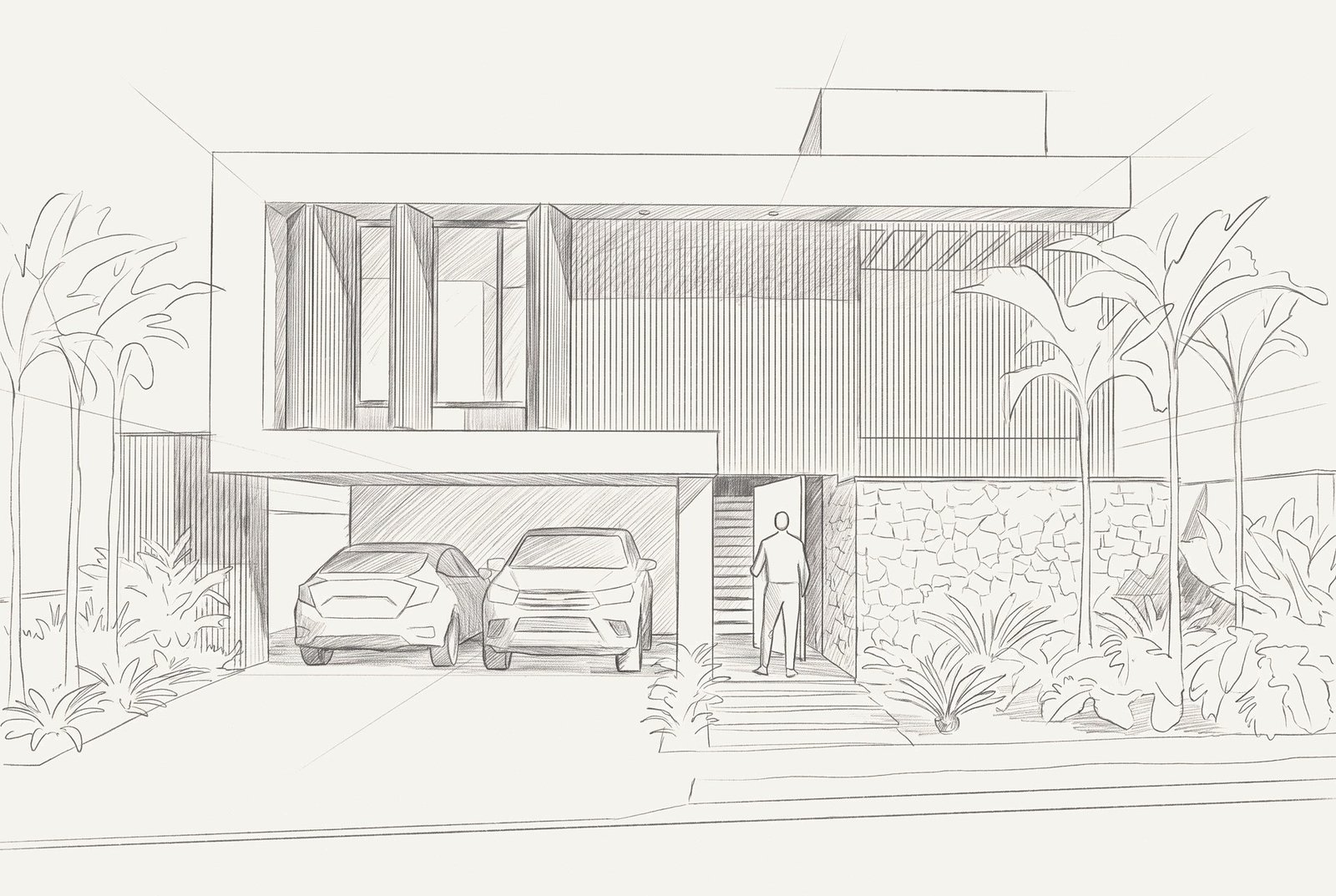 Casa NL — Adamantina: estudo perspectivo em croqui da fachada — projeto de arquitetura residencial