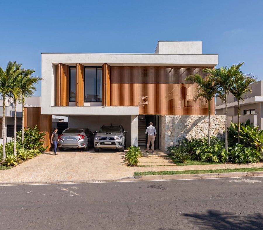 Casa NL em Adamantina, 2021 — projeto de arquitetura residencial, fachada com brise de madeira e revestimento em pedra natural