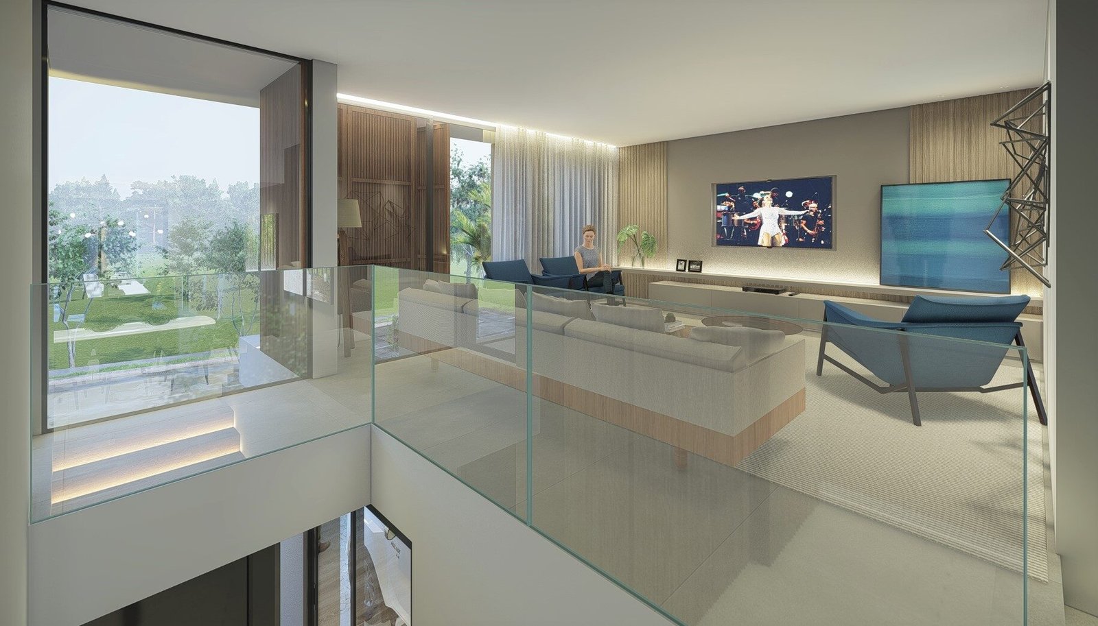 Casa NL — Adamantina: mezanino estar render — projeto de arquitetura residencial